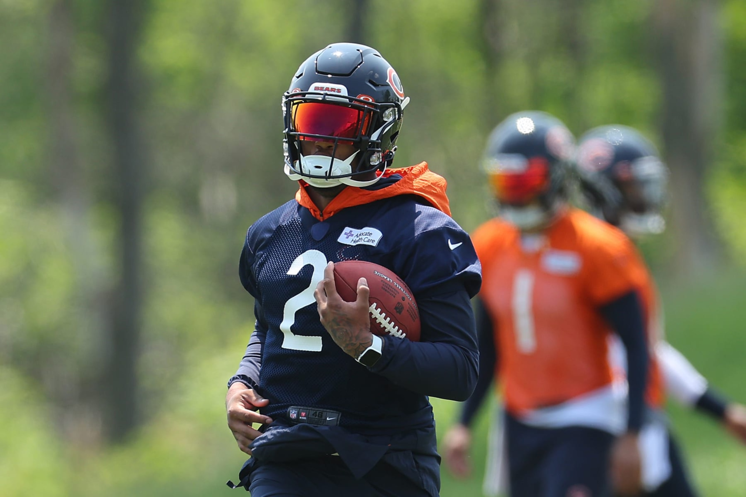 LAKE FOREST, ILLINOIS - MAY 23: DJ Moore #2 of the Chicago Bears takes part in a drill during OTAs at Halas Hall on May 23, 2023 in Lake Forest, Illinois. (Photo by Michael Reaves/Getty Images)