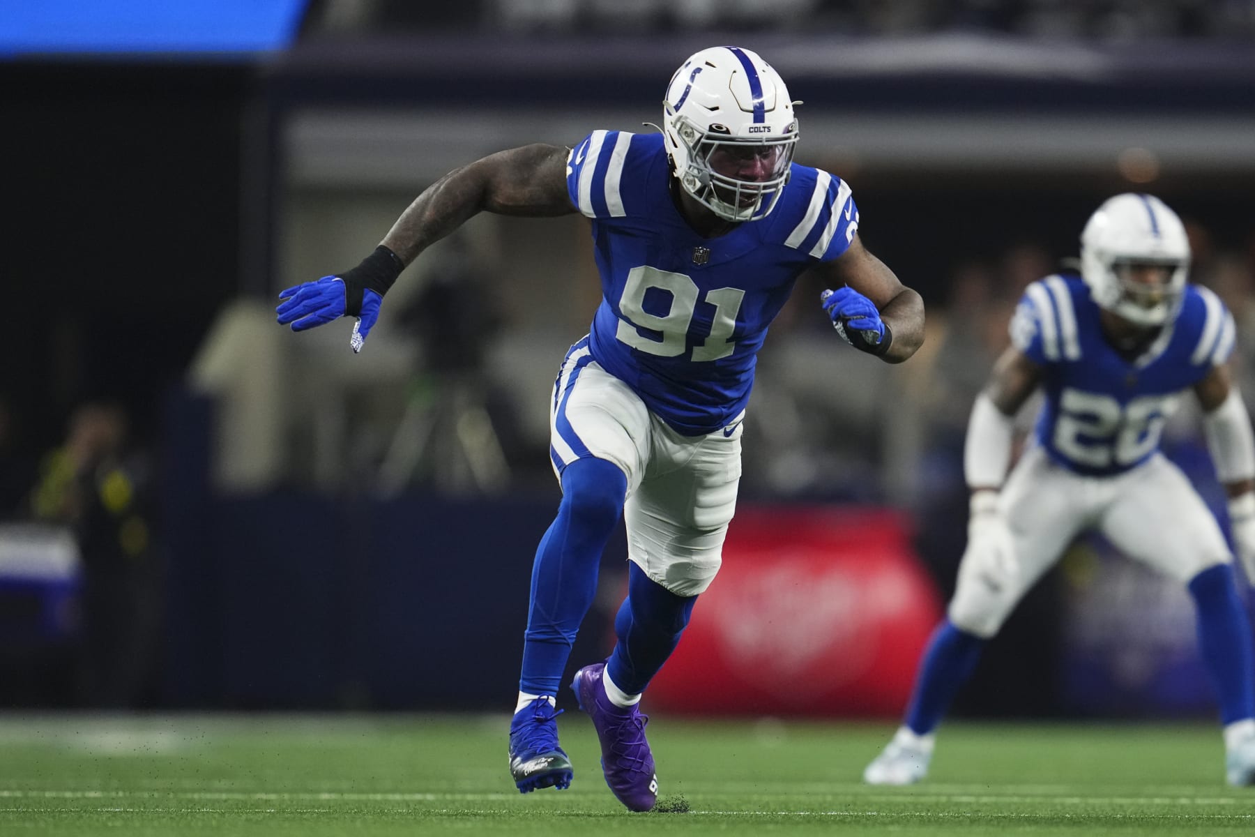 ARLINGTON, TX - DECEMBER 04: Yannick Ngakoue #91 of the Indianapolis Colts defends against the Dallas Cowboys at AT&T Stadium on December 4, 2022 in Arlington, Texas. (Photo by Cooper Neill/Getty Images)