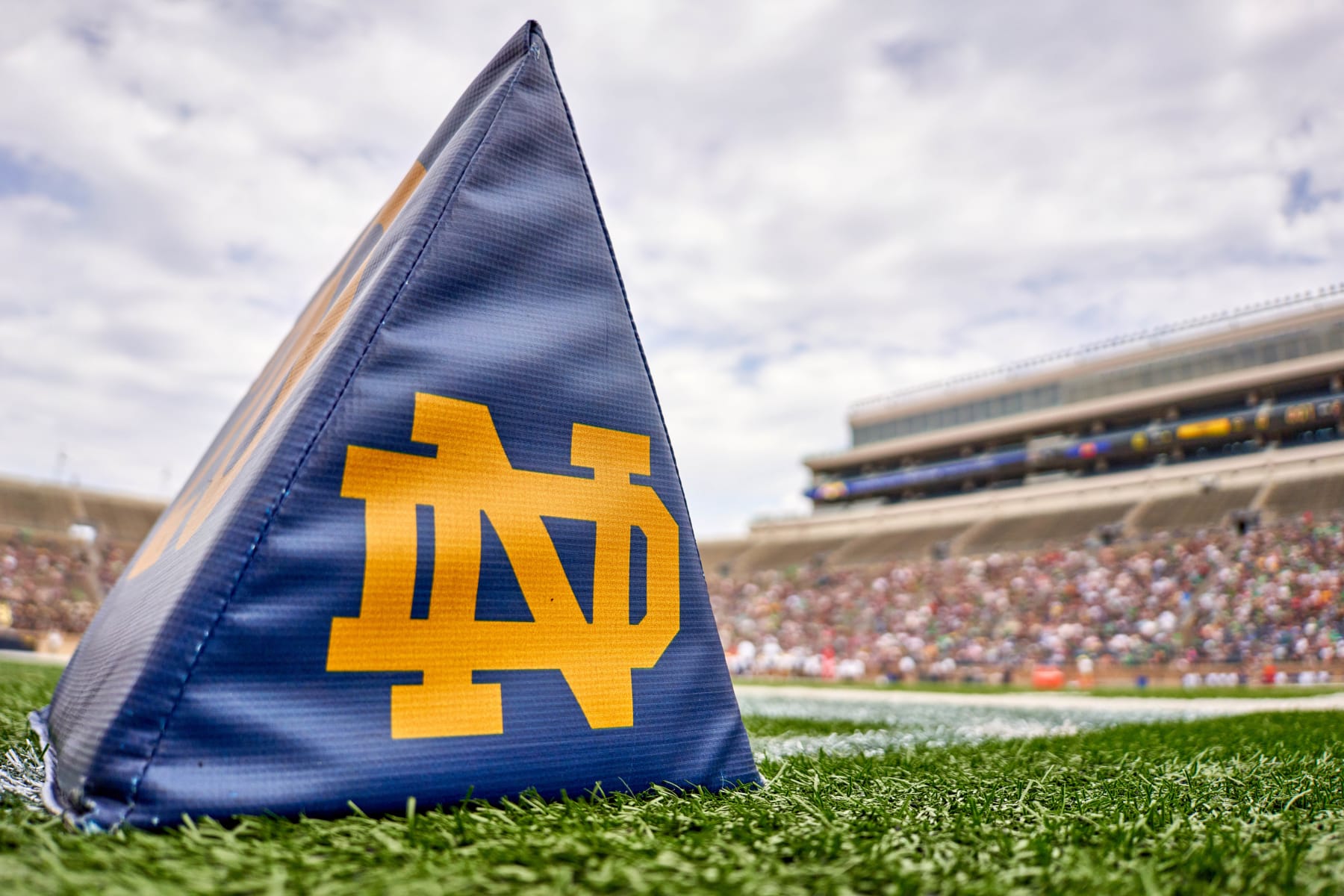 SOUTH BEND, IN - APRIL 23: A detail view of the Notre Dame Fighting Irish logo is seen on a yard marker during the Notre Dame Blue-Gold Spring Football Game on April 23, 2022 at Notre Dame Stadium in South Bend, IN. (Photo by Robin Alam/Icon Sportswire via Getty Images)
