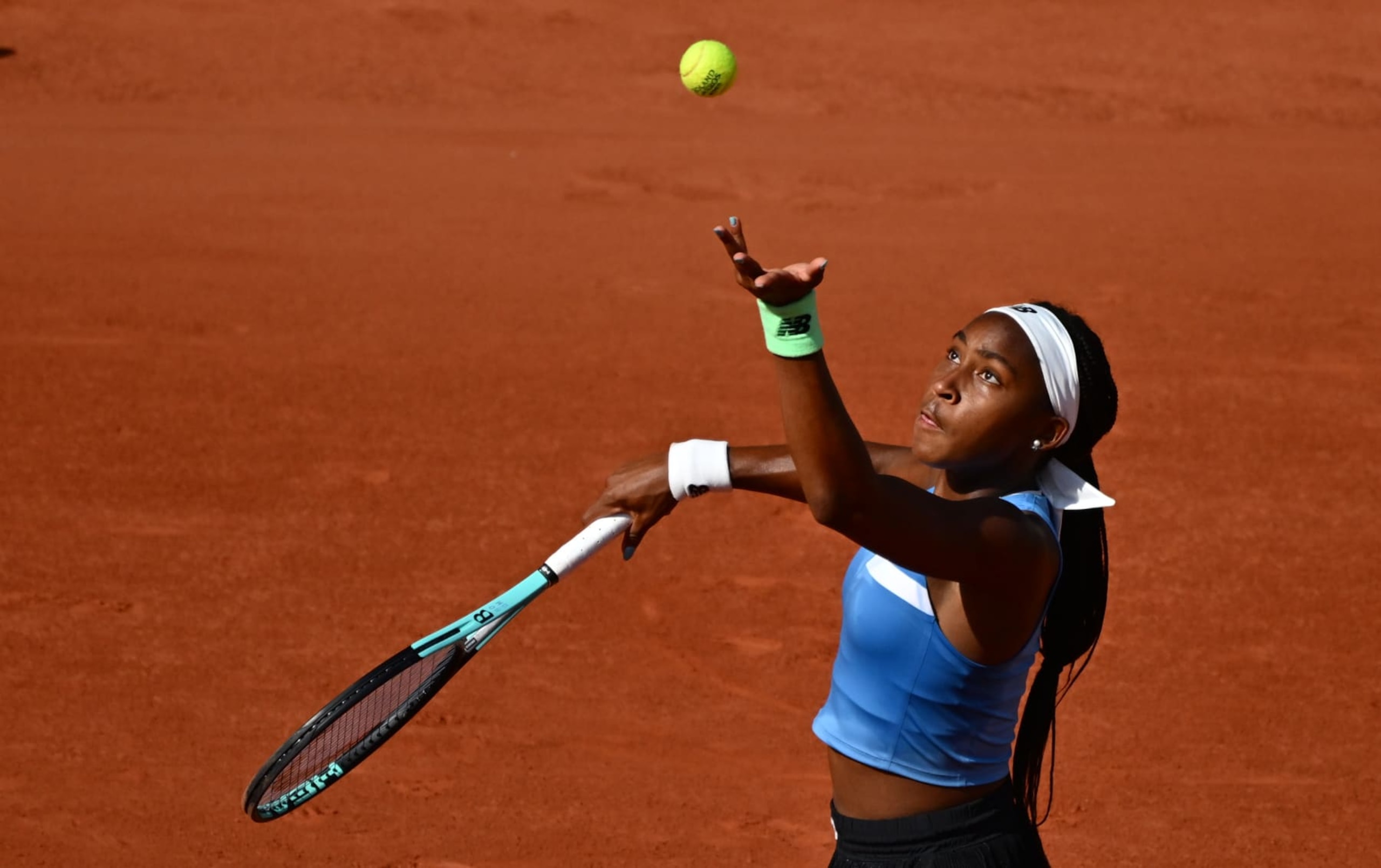 PARIS, FRANCE - JUNE 5: Coco Gauff of the United States against Anna Karolina Schmiedlova of Slovakia in the fourth round of the singles competition on Court Philippe Chatrier during the 2023 French Open Tennis Tournament at Roland Garros on June 5, 2023, in Paris, France. (Photo by Christian Liewig - Corbis/Corbis via Getty Images) PARIS, FRANCE - JUNE 5: Coco Gauff of the United States against Anna Karolina Schmiedlova of Slovakia in the fourth round of the singles competition on Court Philippe Chatrier during the 2023 French Open Tennis Tournament at Roland Garros on June 5, 2023, in Paris, France. (Photo by Christian Liewig - Corbis/Corbis via Getty Images)