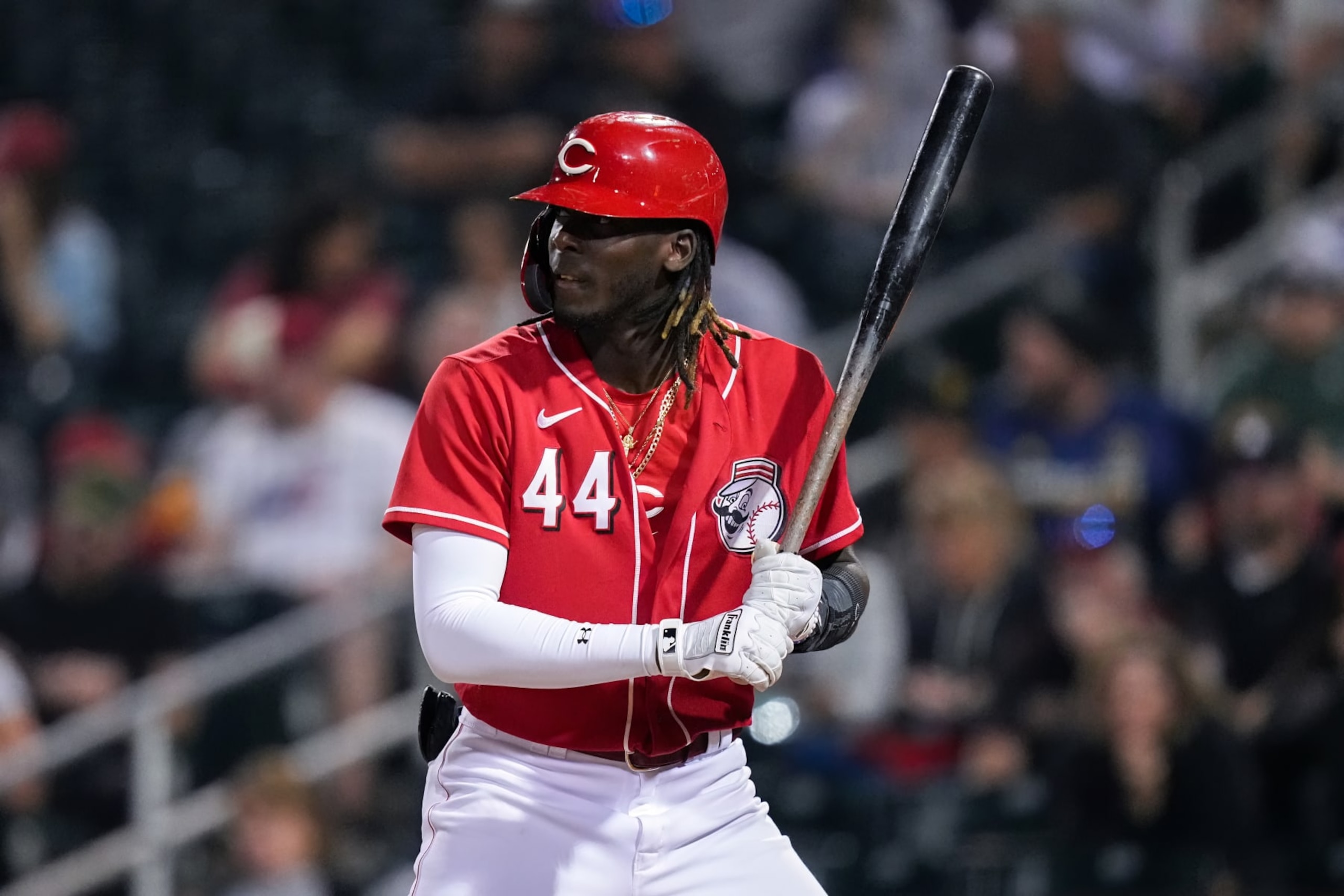 GOODYEAR, ARIZONA - MARCH 10: Elly De La Cruz #44 of the Cincinnati Reds bats in the third inning against the Arizona Diamondbacks during a spring training game at Goodyear Ballpark on March 10, 2023 in Goodyear, Arizona. (Photo by Dylan Buell/Getty Images)