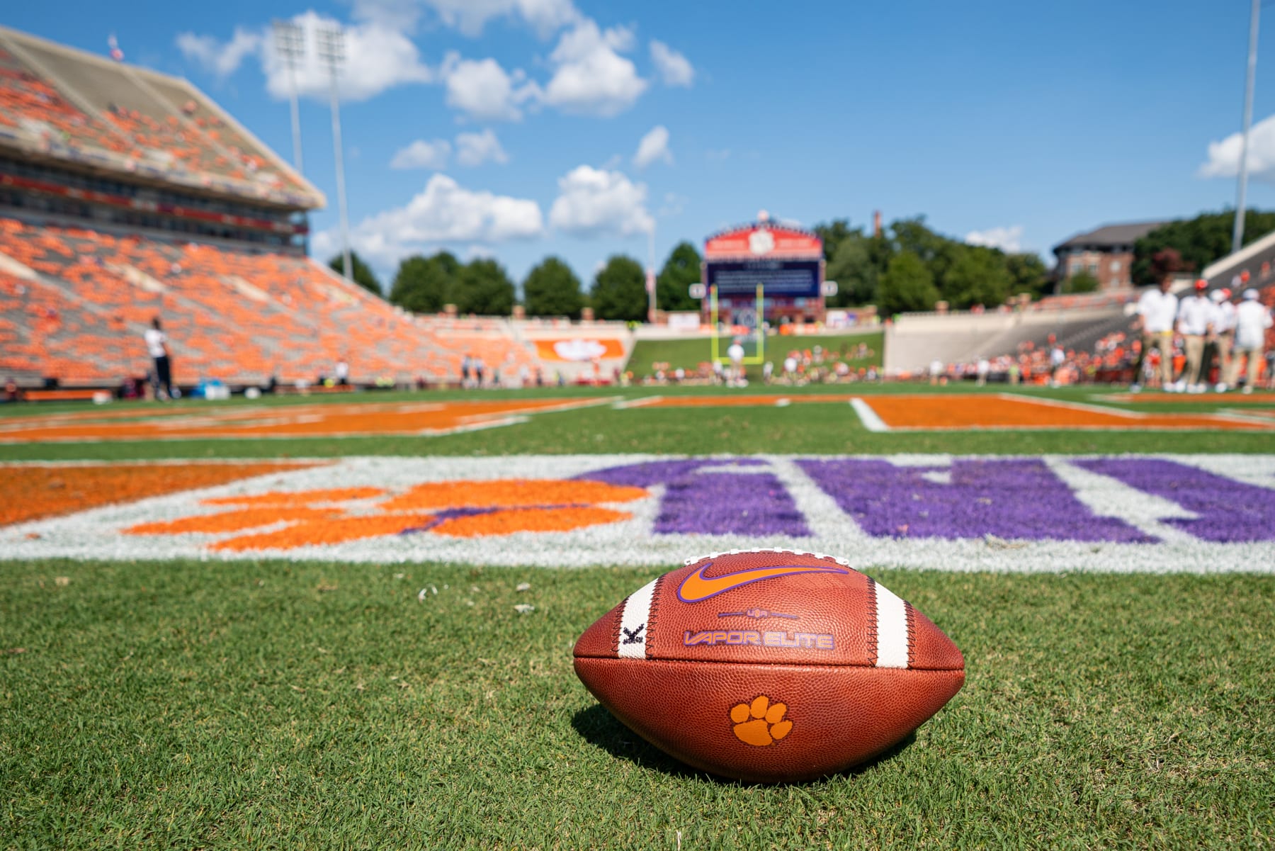 CLEMSON, SOUTH CAROLINA - SEPTEMBER 11: A football with the Clemson Tigers logo sits on the field before their game against the South Carolina State Bulldogs at Clemson Memorial Stadium on September 11, 2021 in Clemson, South Carolina. (Photo by Jacob Kupferman/Getty Images)