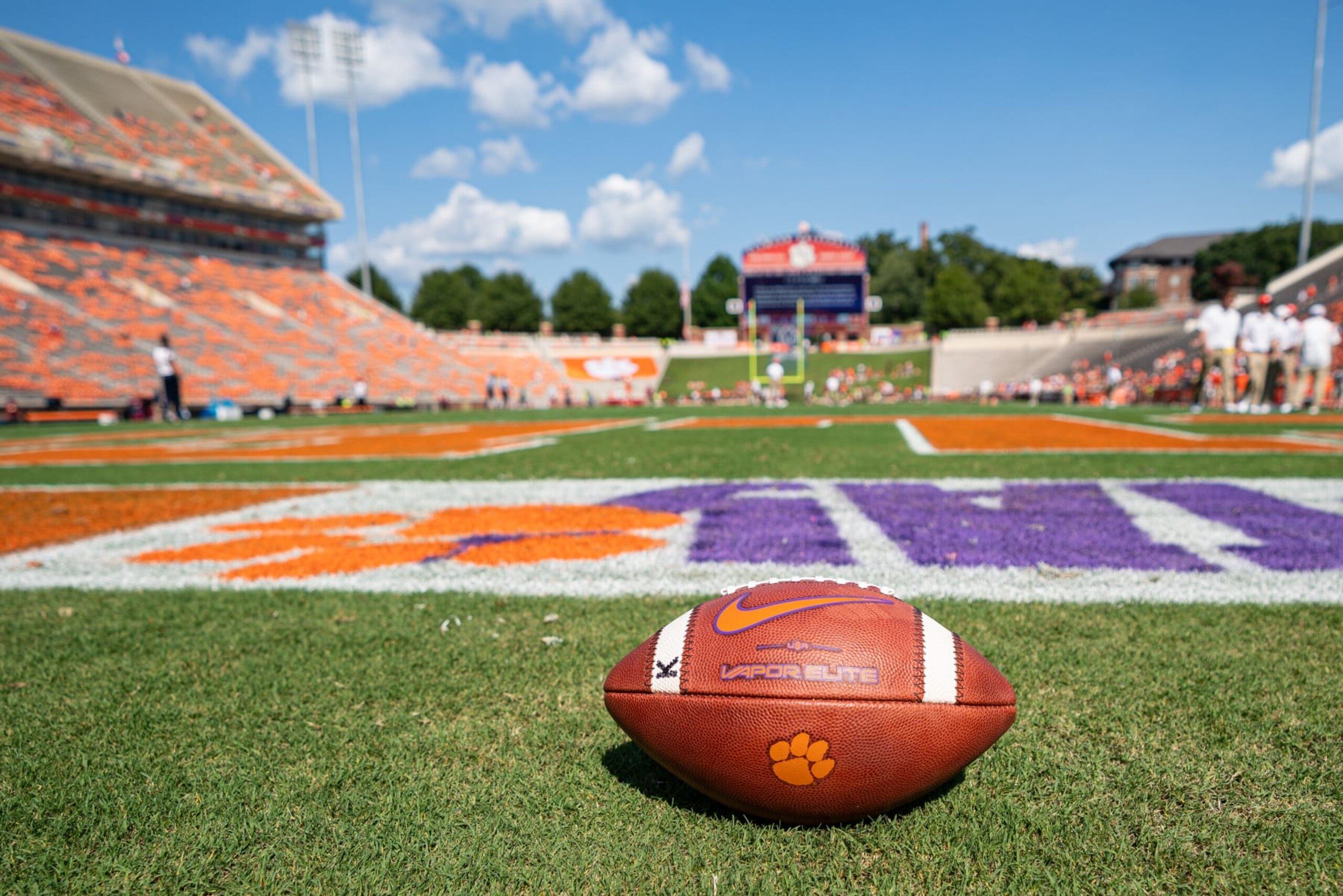 CLEMSON, SOUTH CAROLINA - SEPTEMBER 11: A football with the Clemson Tigers logo sits on the field before their game against the South Carolina State Bulldogs at Clemson Memorial Stadium on September 11, 2021 in Clemson, South Carolina. (Photo by Jacob Kupferman/Getty Images)