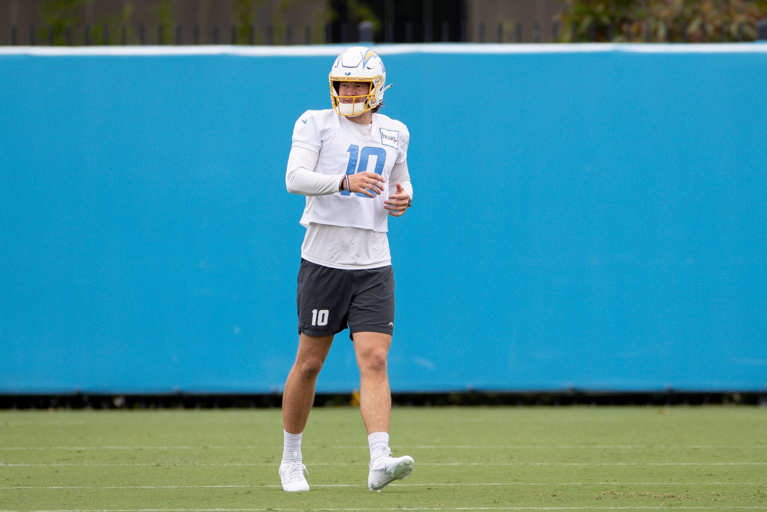 COSTA MESA, CA - MAY 22: Los Angeles Chargers quarterback Justin Herbert (10) takes part in a drill during the team's OTA practice on May 22, 2023, at the Hoag Performance Center in Costa Mesa, CA. (Photo by Brandon Sloter/Icon Sportswire via Getty Images)