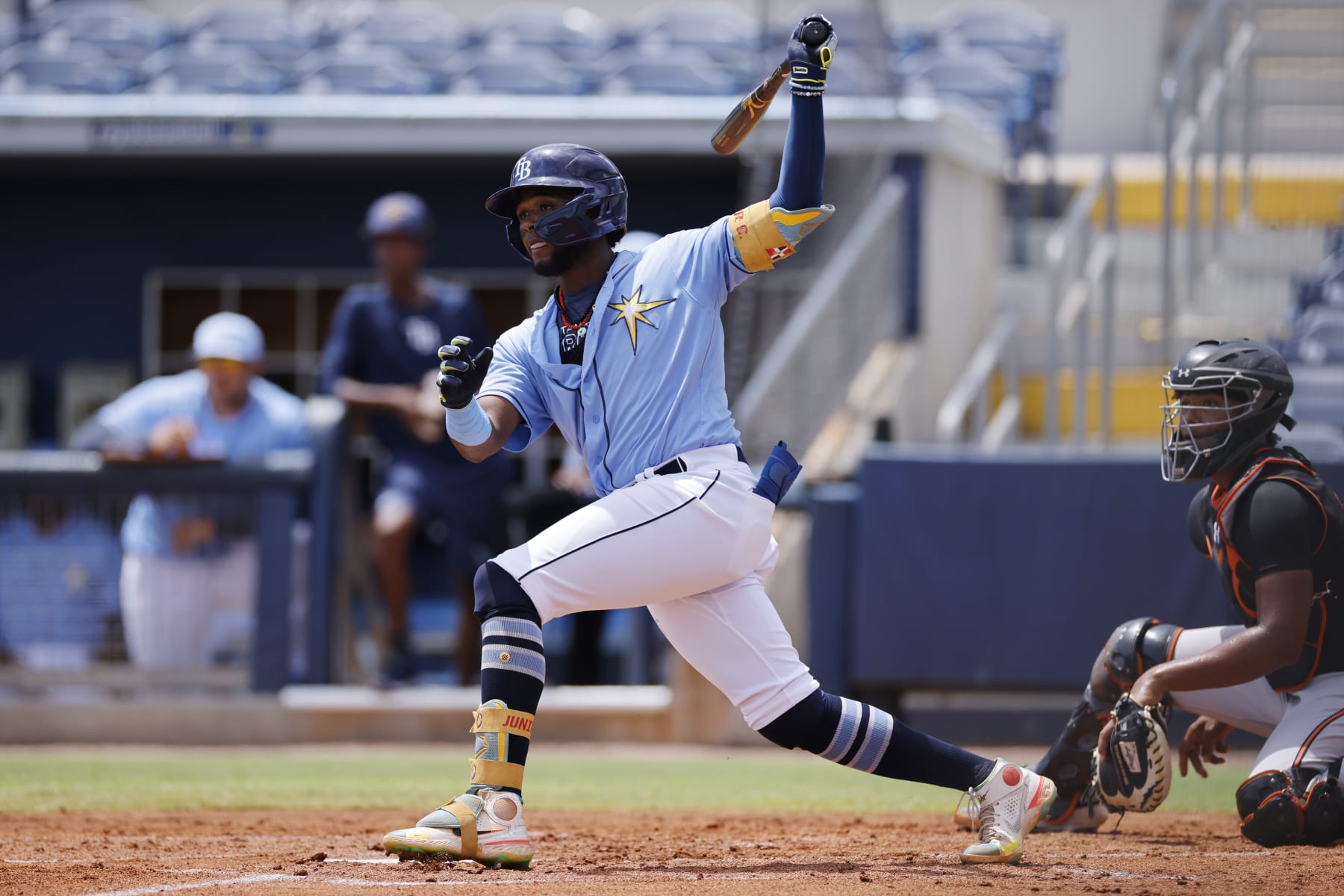 PORT CHARLOTTE, FL - AUGUST 08: FCL Tampa Bay Rays third baseman Junior Caminero (87) bats during a Florida Complex League game against the FCL Baltimore Orioles on August 8, 2022 at Charlotte Sports Park in Port Charlotte, Florida. (Photo by Joe Robbins/Icon Sportswire via Getty Images)