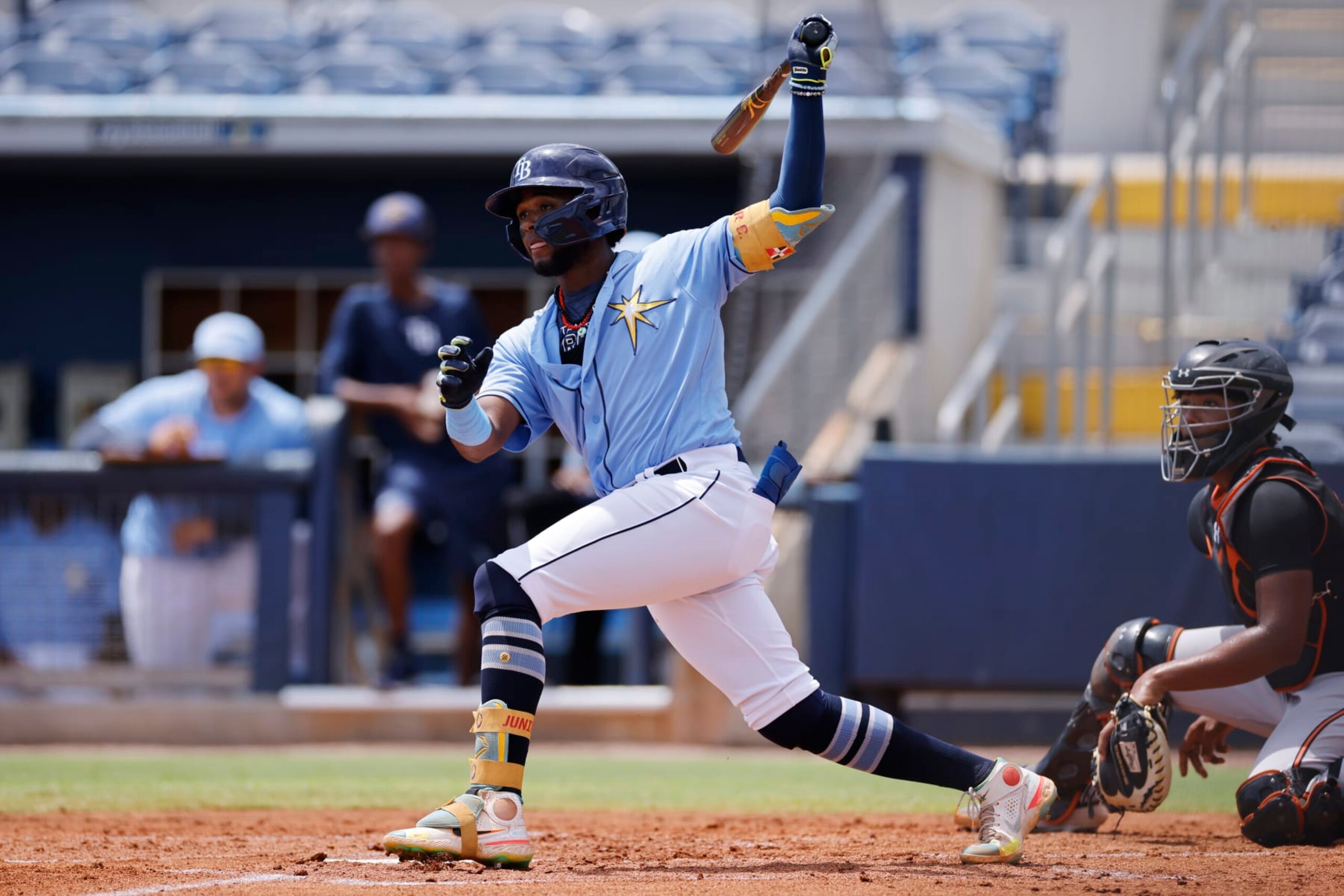 PORT CHARLOTTE, FL - AUGUST 08: FCL Tampa Bay Rays third baseman Junior Caminero (87) bats during a Florida Complex League game against the FCL Baltimore Orioles on August 8, 2022 at Charlotte Sports Park in Port Charlotte, Florida. (Photo by Joe Robbins/Icon Sportswire via Getty Images)