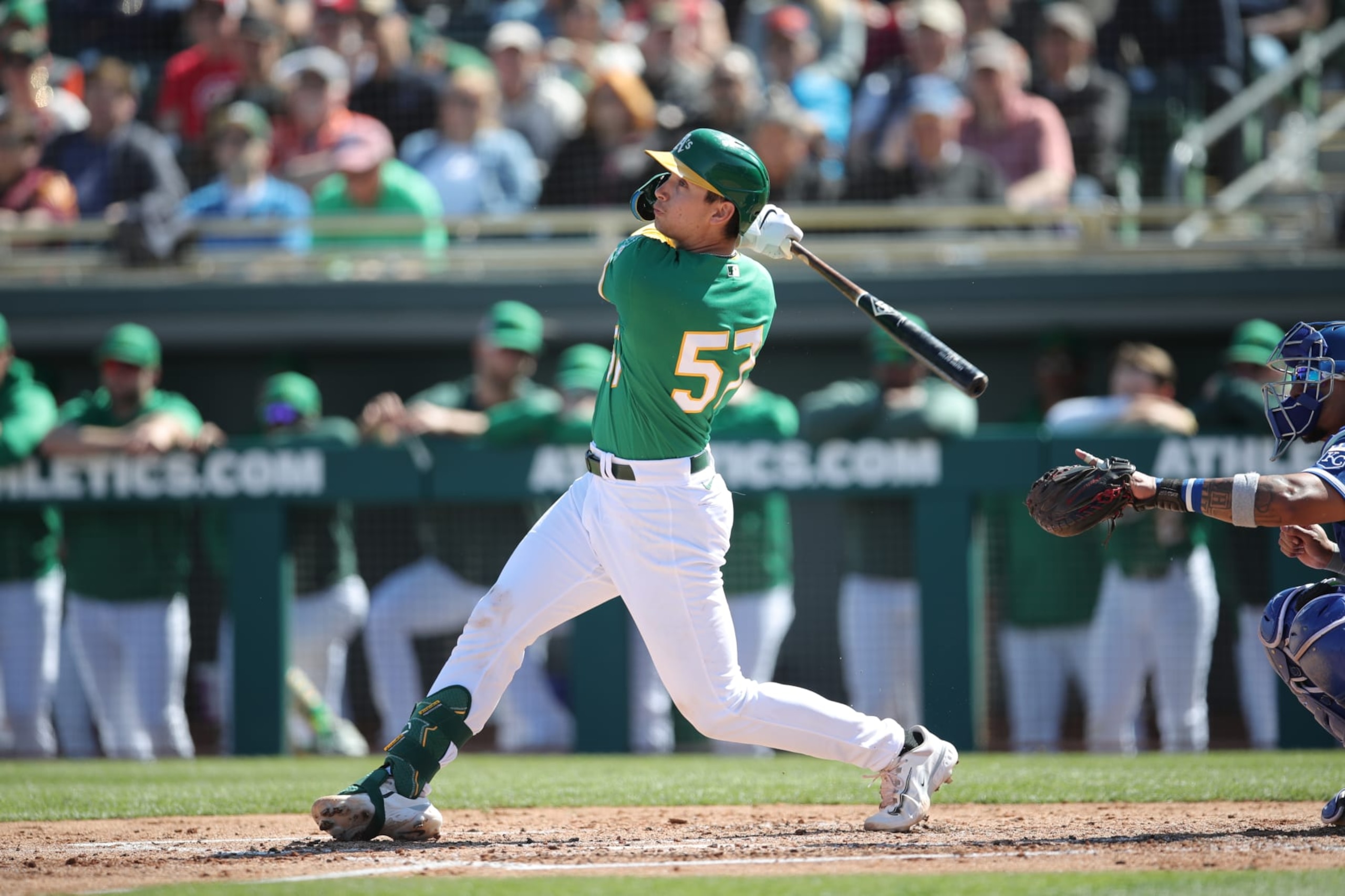 MESA, AZ - MARCH 3: Tyler Soderstrom #57 of the Oakland Athletics bats during a spring training game against the Kansas City Royals at Hohokam Stadium on March 3, 2023 in Mesa, Arizona. The Royals defeated the Athletics 6-4. (Photo by Michael Zagaris/Oakland Athletics/Getty Images)