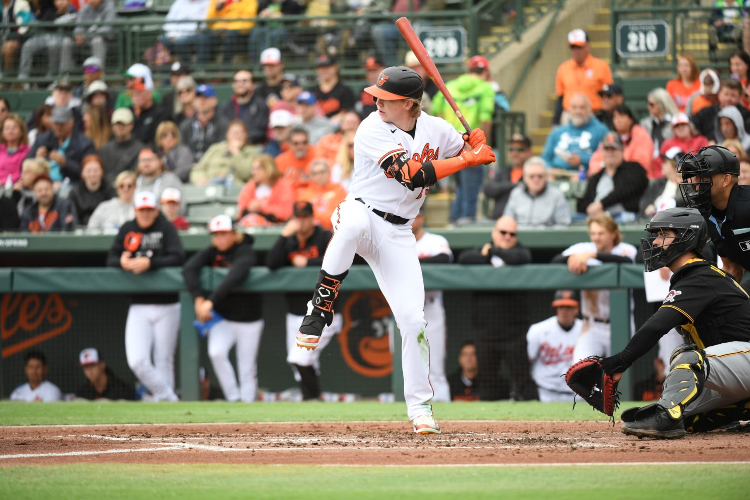 SARASOTA, FLORIDA - MARCH 19, 2023: Heston Kjerstad #75 of the Baltimore Orioles bats during the second inning of a spring training game against the Pittsburgh Pirates at Ed Smith Stadium on March 19, 2023 in Sarasota, Florida. (Photo by George Kubas/Diamond Images via Getty Images)
