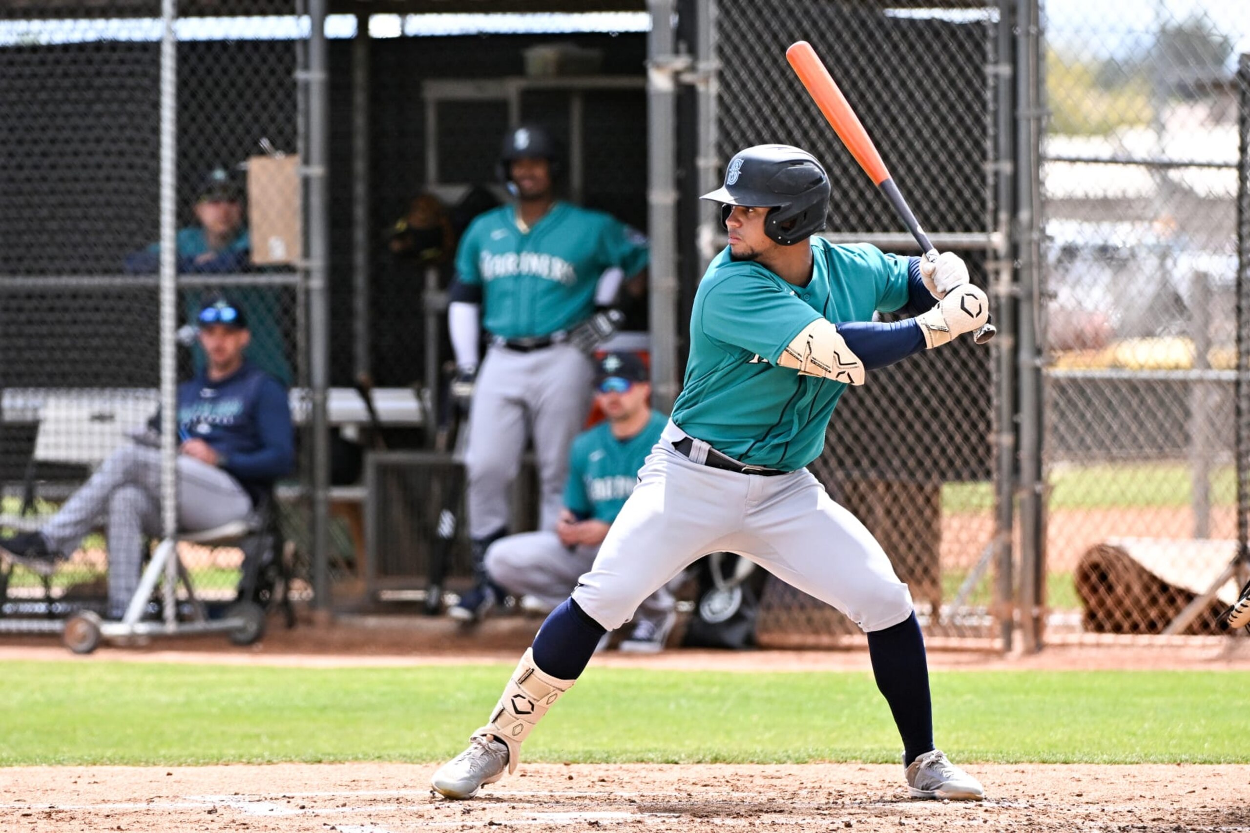 PEORIA, ARIZONA - MARCH 23, 2023: Jonatan Clase #85 of the Seattle Mariners bats during a minor league spring training game against the San Diego Padres at the Peoria Sports Complex on March 23, 2023 in Peoria, Arizona. (Photo by Chris Bernacchi/Diamond Images via Getty Images)