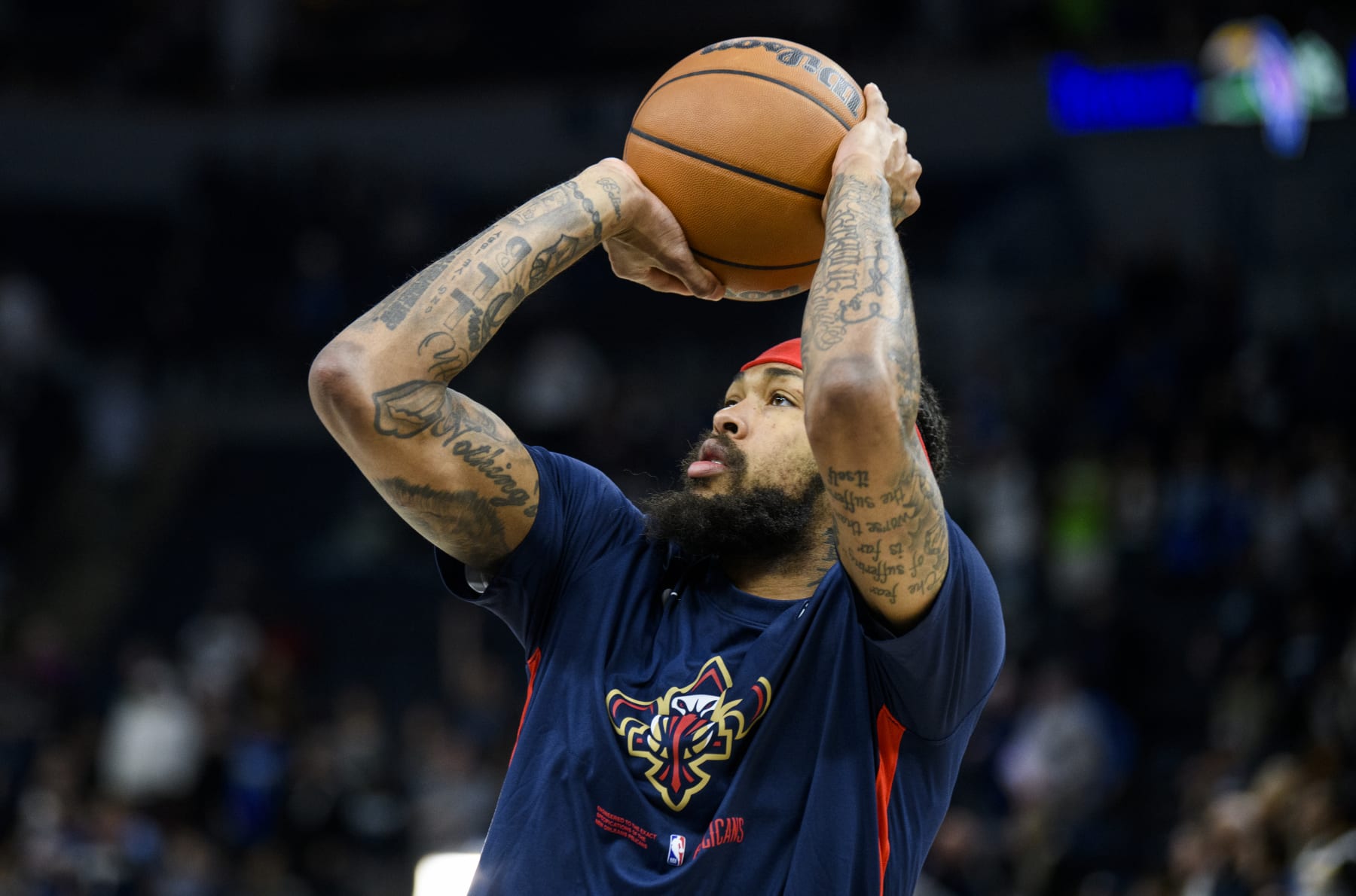 MINNEAPOLIS, MN - APRIL 09: Brandon Ingram #14 of the New Orleans Pelicans warms up before the game against the Minnesota Timberwolves at Target Center on April 9, 2023 in Minneapolis, Minnesota. (Photo by Stephen Maturen/Getty Images) NOTE TO USER: User expressly acknowledges and agrees that, by downloading and or using this photograph, User is consenting to the terms and conditions of the Getty Images License Agreement.