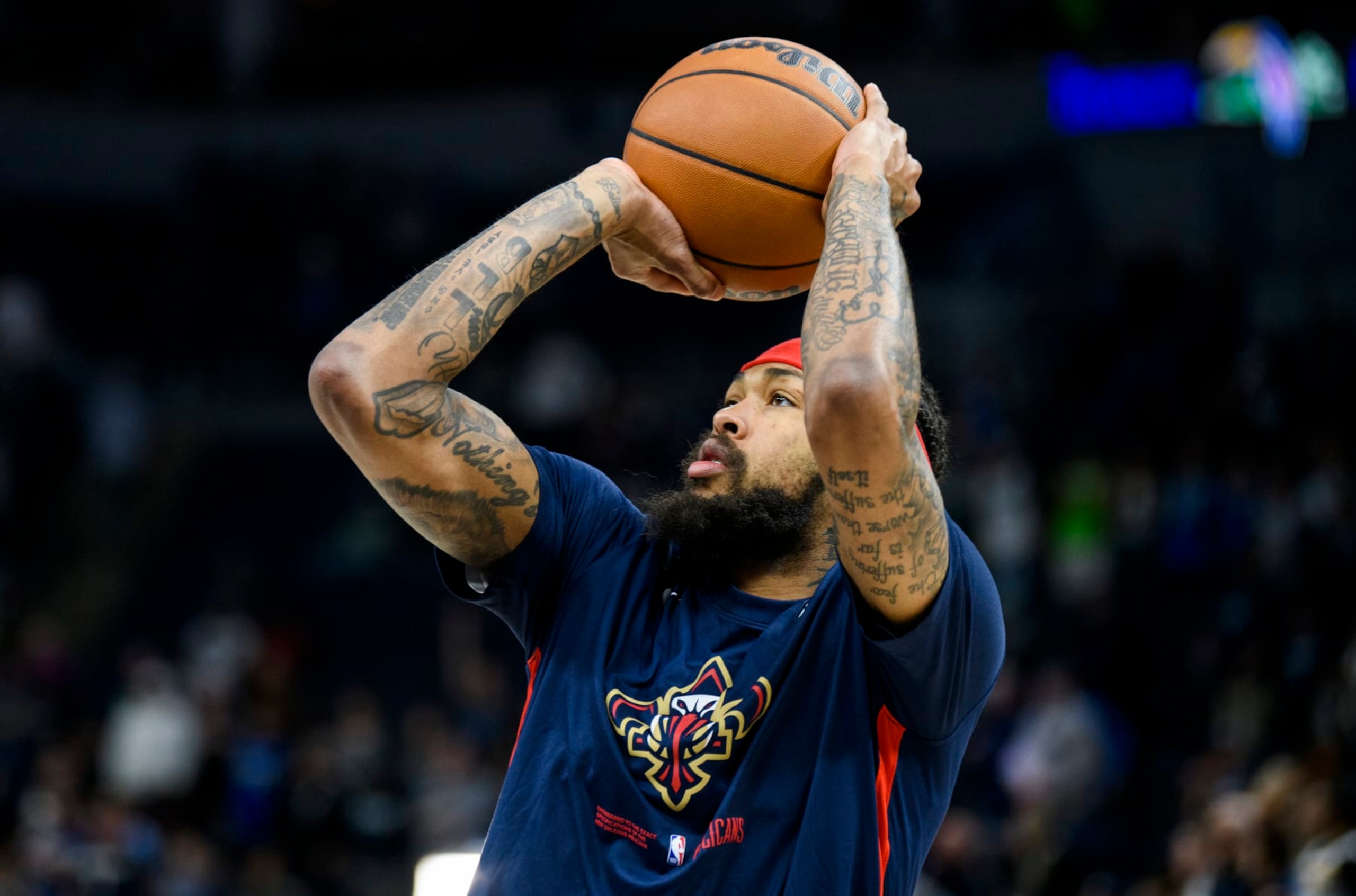 MINNEAPOLIS, MN - APRIL 09: Brandon Ingram #14 of the New Orleans Pelicans warms up before the game against the Minnesota Timberwolves at Target Center on April 9, 2023 in Minneapolis, Minnesota. (Photo by Stephen Maturen/Getty Images) NOTE TO USER: User expressly acknowledges and agrees that, by downloading and or using this photograph, User is consenting to the terms and conditions of the Getty Images License Agreement.