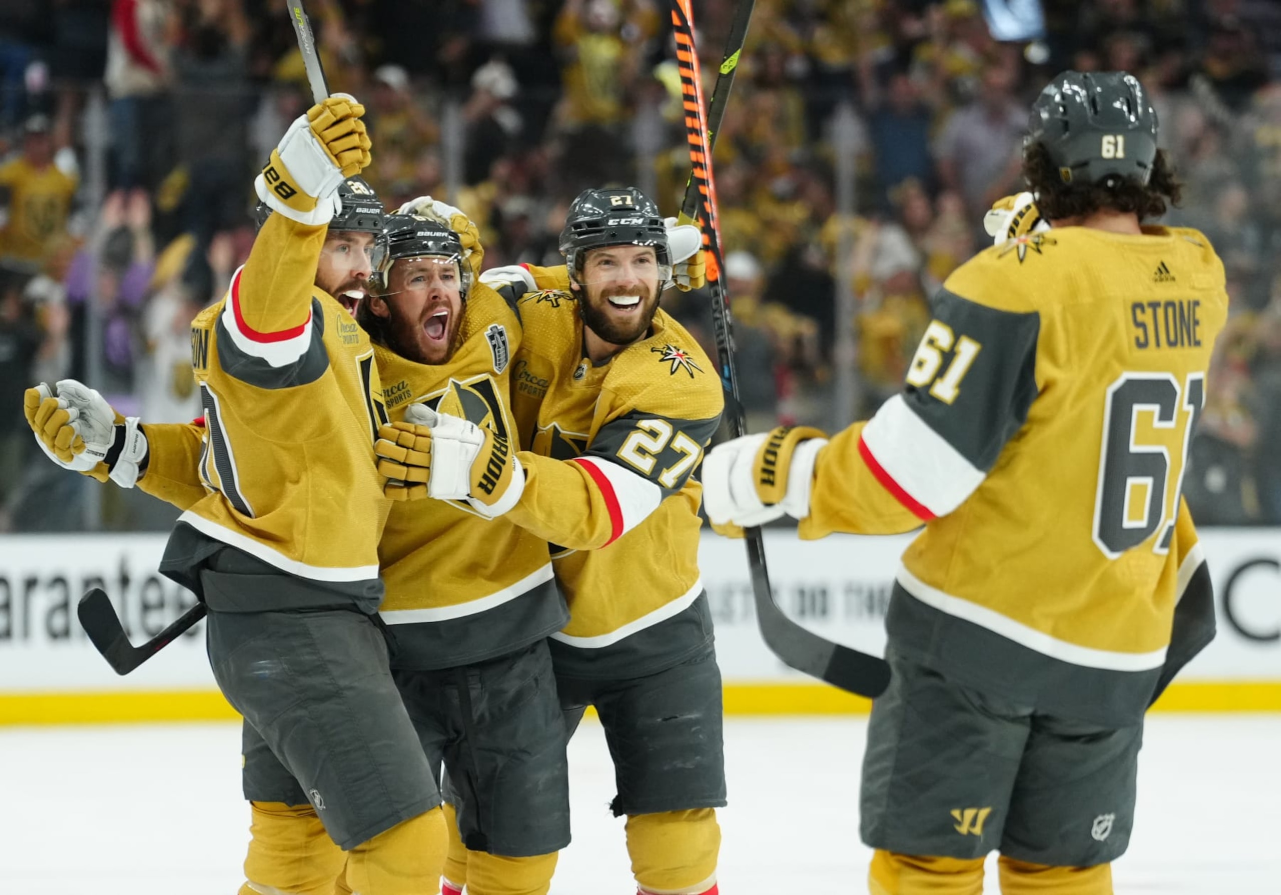 LAS VEGAS, NEVADA - JUNE 05: Jonathan Marchessault #81 of the Vegas Golden Knights celebrates with teammates after a goal during the first period against the Florida Panthers in Game Two of the 2023 NHL Stanley Cup Final at T-Mobile Arena on June 05, 2023 in Las Vegas, Nevada. (Photo by Jeff Bottari/NHLI via Getty Images)