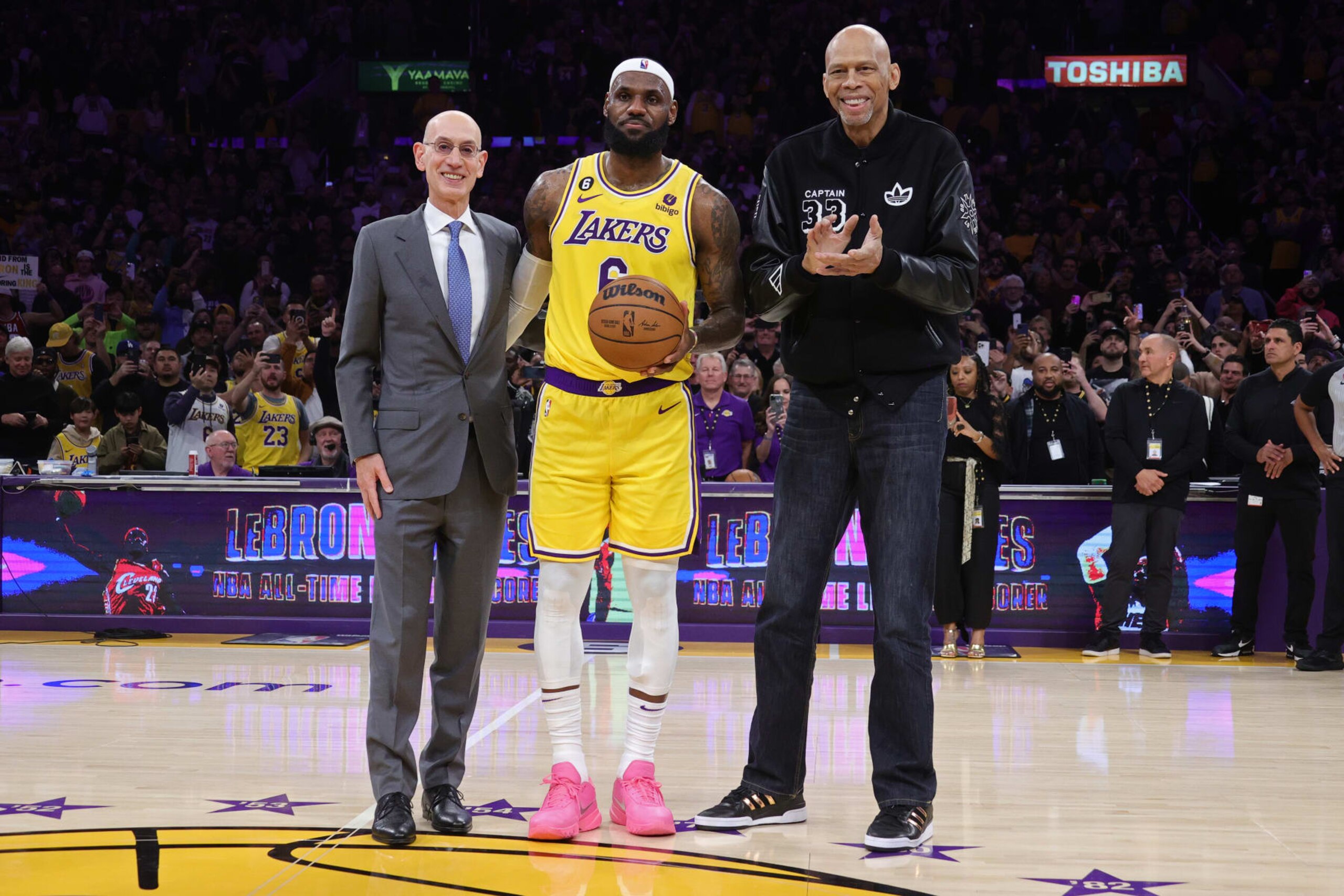 LOS ANGELES, CA - FEBRUARY 7: NBA Commissioner, Adam Silver poses for a photo with Kareem Abdul-Jabbar and LeBron James #6 of the Los Angeles Lakers after he breaks the NBA All Time Scoring Record during the game against the Oklahoma City Thunder on February 7, 2023 at Crypto.Com Arena in Los Angeles, California. NOTE TO USER: User expressly acknowledges and agrees that, by downloading and/or using this Photograph, user is consenting to the terms and conditions of the Getty Images License Agreement. Mandatory Copyright Notice: Copyright 2023 NBAE (Photo by Nathaniel S. Butler/NBAE via Getty Images)