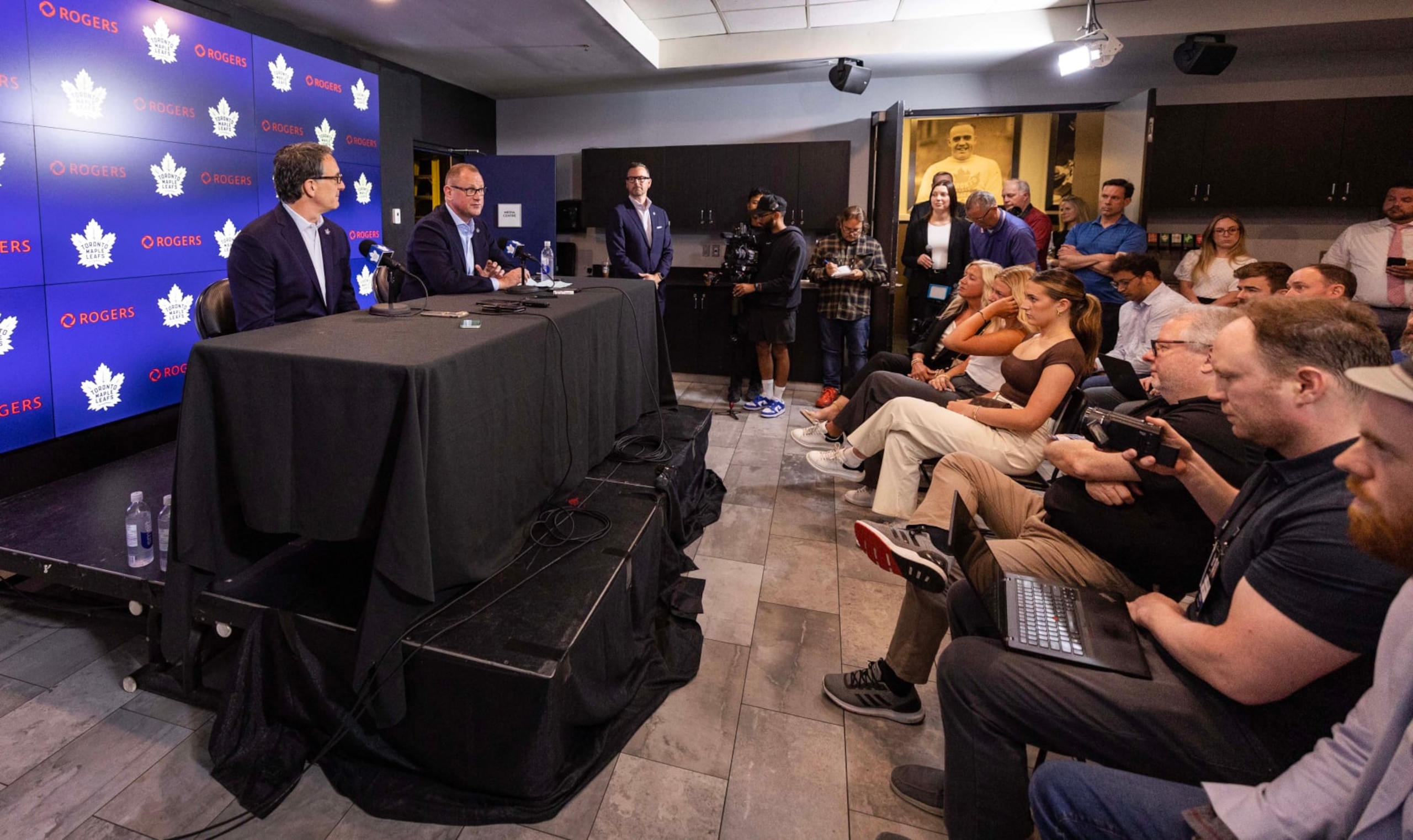 TORONTO, ON - June 1  - Toronto Maple Leafs President Brendan Shanahan with the team's new General Manager Brad Treliving during a news conference in Toronto, June 1, 2023.        (Andrew Francis Wallace/Toronto Star via Getty Images)