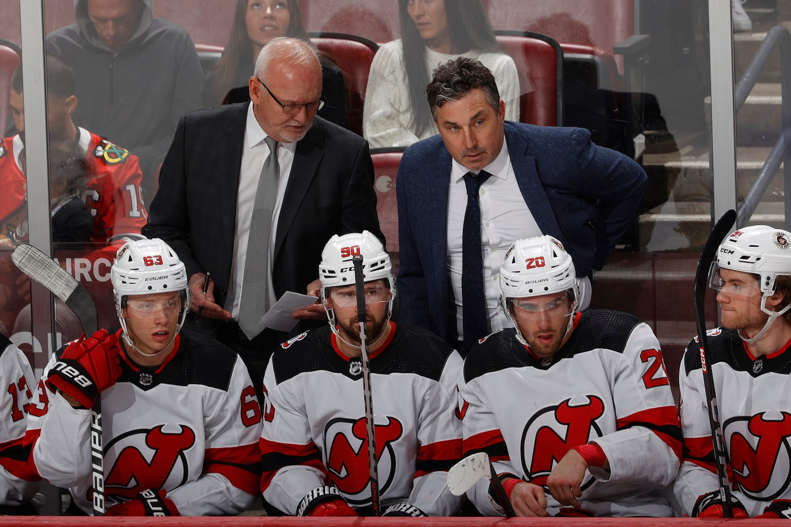 SUNRISE, FL - MARCH 18: Associate coach Andrew Brunette and head coach Lindy Ruffof the New Jersey Devils direct the players during third period action against the Florida Panthers at the FLA Live Arena on March 18, 2023 in Sunrise, Florida. (Photo by Joel Auerbach/Getty Images)
