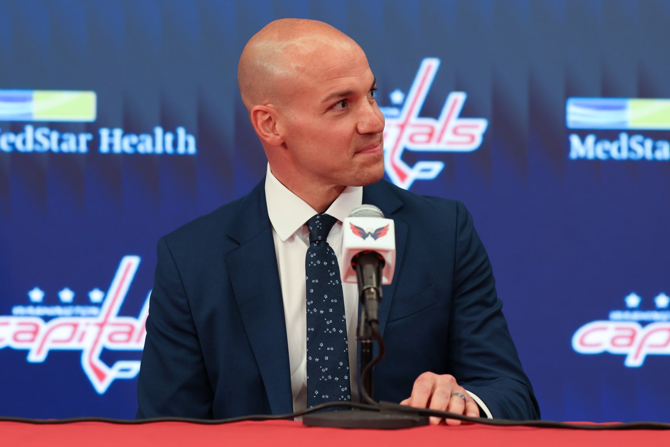 WASHINGTON, DC - June 1: Spencer Carbery is introduced as the new head coach of the Washington Capitals during a press conference at District E on June 1, 2023 in Washington, D.C. (Photo by John McCreary/NHLI via Getty Images)