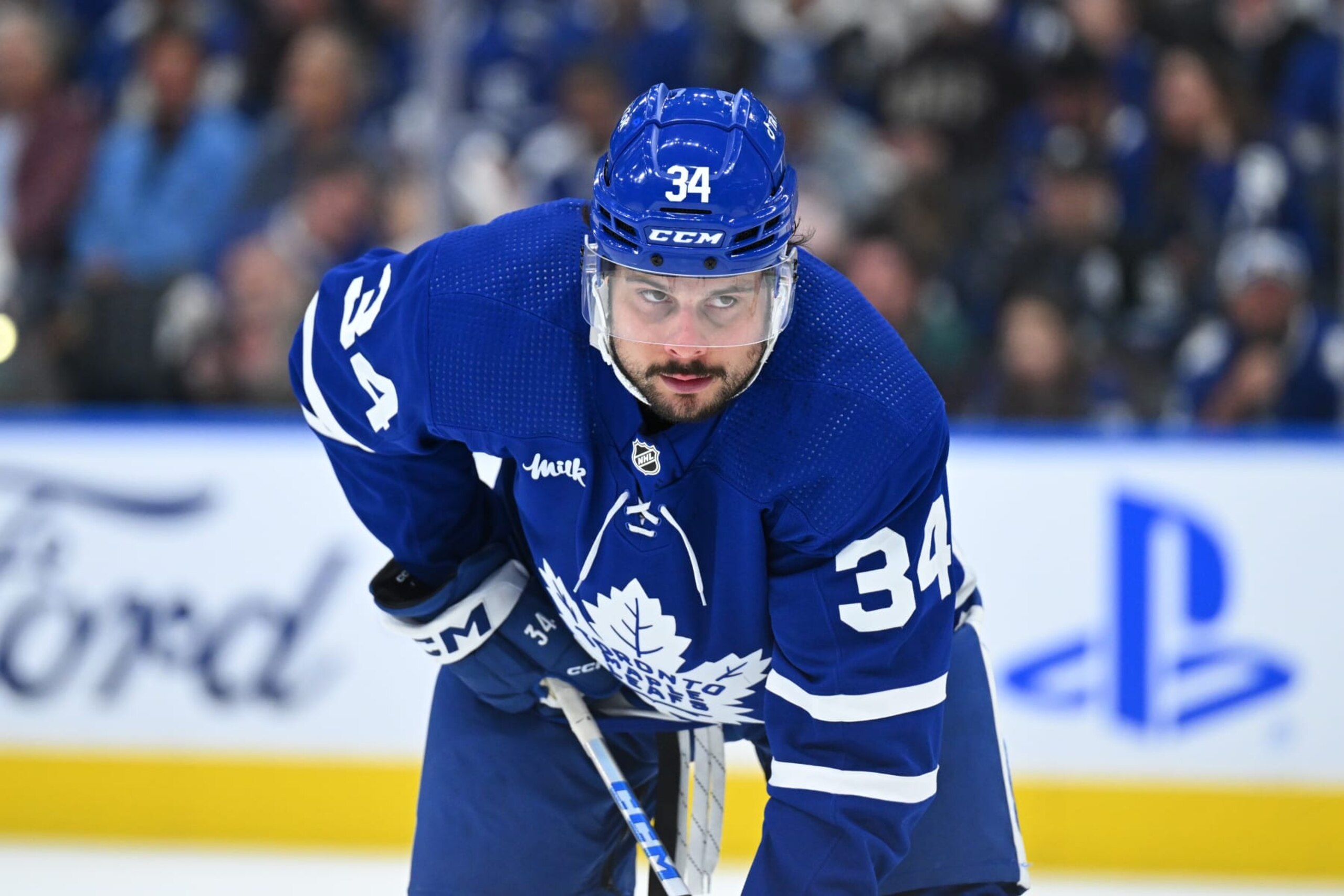 TORONTO, ON - MAY 12: Toronto Maple Leafs center Auston Matthews (34) looks on prior to the face off during the third period of game 5 in the Eastern Conference Second Round between the Florida Panthers and the Toronto Maple Leafs on May 12, 2023, at Scotiabank Arena in Toronto, ON, Canada. (Photo by Gavin Napier/Icon Sportswire via Getty Images) TORONTO, ON - MAY 12: Toronto Maple Leafs center Auston Matthews (34) looks on prior to the face off during the third period of game 5 in the Eastern Conference Second Round between the Florida Panthers and the Toronto Maple Leafs on May 12, 2023, at Scotiabank Arena in Toronto, ON, Canada. (Photo by Gavin Napier/Icon Sportswire via Getty Images)