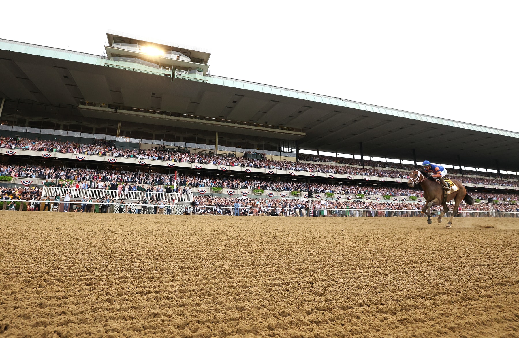 ELMONT, NEW YORK - JUNE 11:  Mo Donegal #6 with Irad Ortiz Jr. up wins the 154th running of the Belmont Stakes at Belmont Park on June 11, 2022 in Elmont, New York. (Photo by Al Bello/Getty Images)