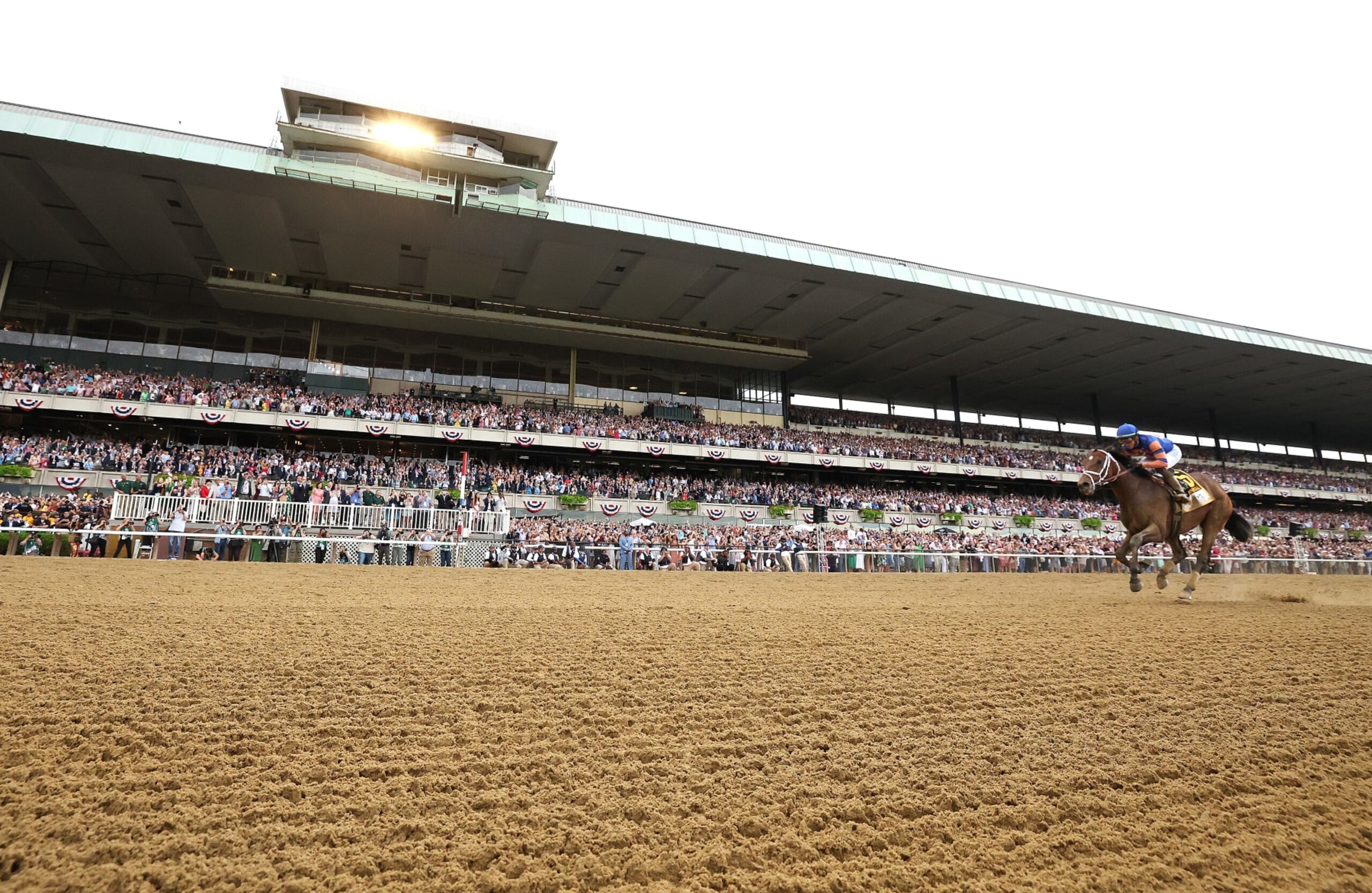 ELMONT, NEW YORK - JUNE 11:  Mo Donegal #6 with Irad Ortiz Jr. up wins the 154th running of the Belmont Stakes at Belmont Park on June 11, 2022 in Elmont, New York. (Photo by Al Bello/Getty Images)