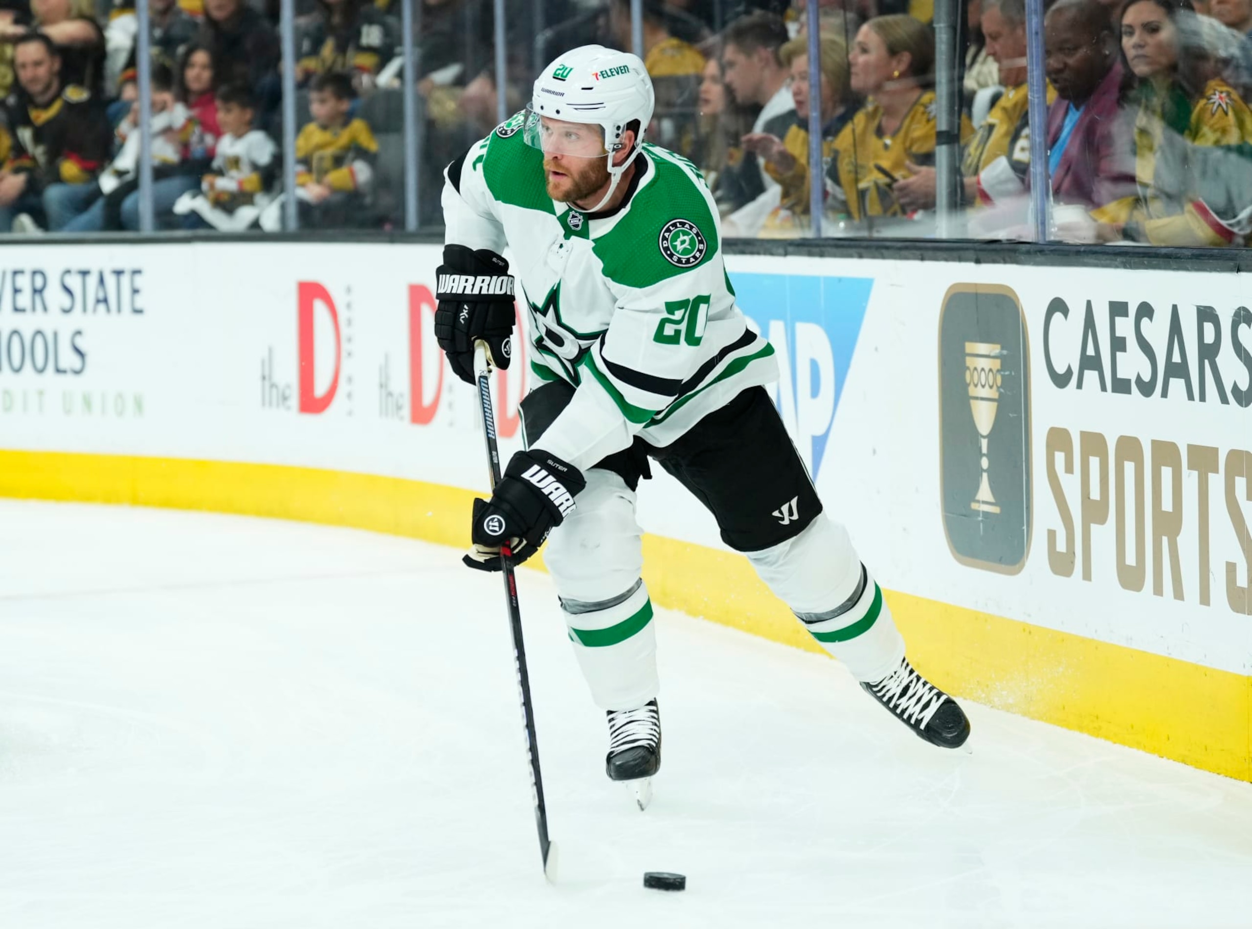 LAS VEGAS, NEVADA - MAY 27: Ryan Suter #20 of the Dallas Stars skates during the first period against the Vegas Golden Knights in Game Five of the Western Conference Final of the 2023 Stanley Cup Playoffs at T-Mobile Arena on May 27, 2023 in Las Vegas, Nevada. (Photo by Jeff Bottari/NHLI via Getty Images) LAS VEGAS, NEVADA - MAY 27: Ryan Suter #20 of the Dallas Stars skates during the first period against the Vegas Golden Knights in Game Five of the Western Conference Final of the 2023 Stanley Cup Playoffs at T-Mobile Arena on May 27, 2023 in Las Vegas, Nevada. (Photo by Jeff Bottari/NHLI via Getty Images)