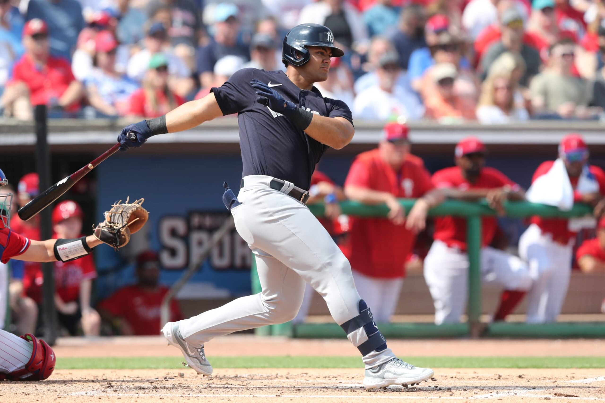 CLEARWATER, FL - FEBRUARY 25: New York Yankees outfielder Jasson Dominguez (89) at bat during the spring training game between the New York Yankees and the Philadelphia Phillies on February 25, 2023 at BayCare Ballpark in Clearwater, Florida. (Photo by Cliff Welch/Icon Sportswire via Getty Images)