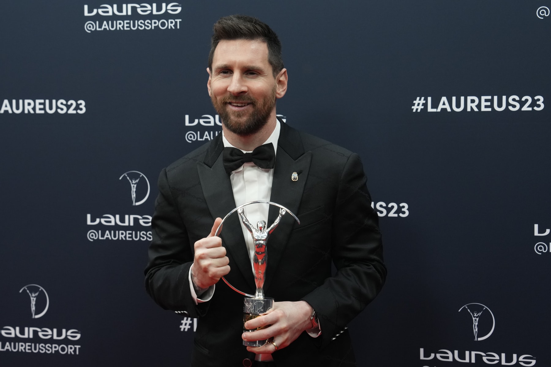 Argentine soccer player Lionel Messi poses after he was presented the award for sportsperson of the year at the Laureus Sports Awards ceremony in Paris, Monday, May 8, 2023. (AP Photo/Lewis Joly)