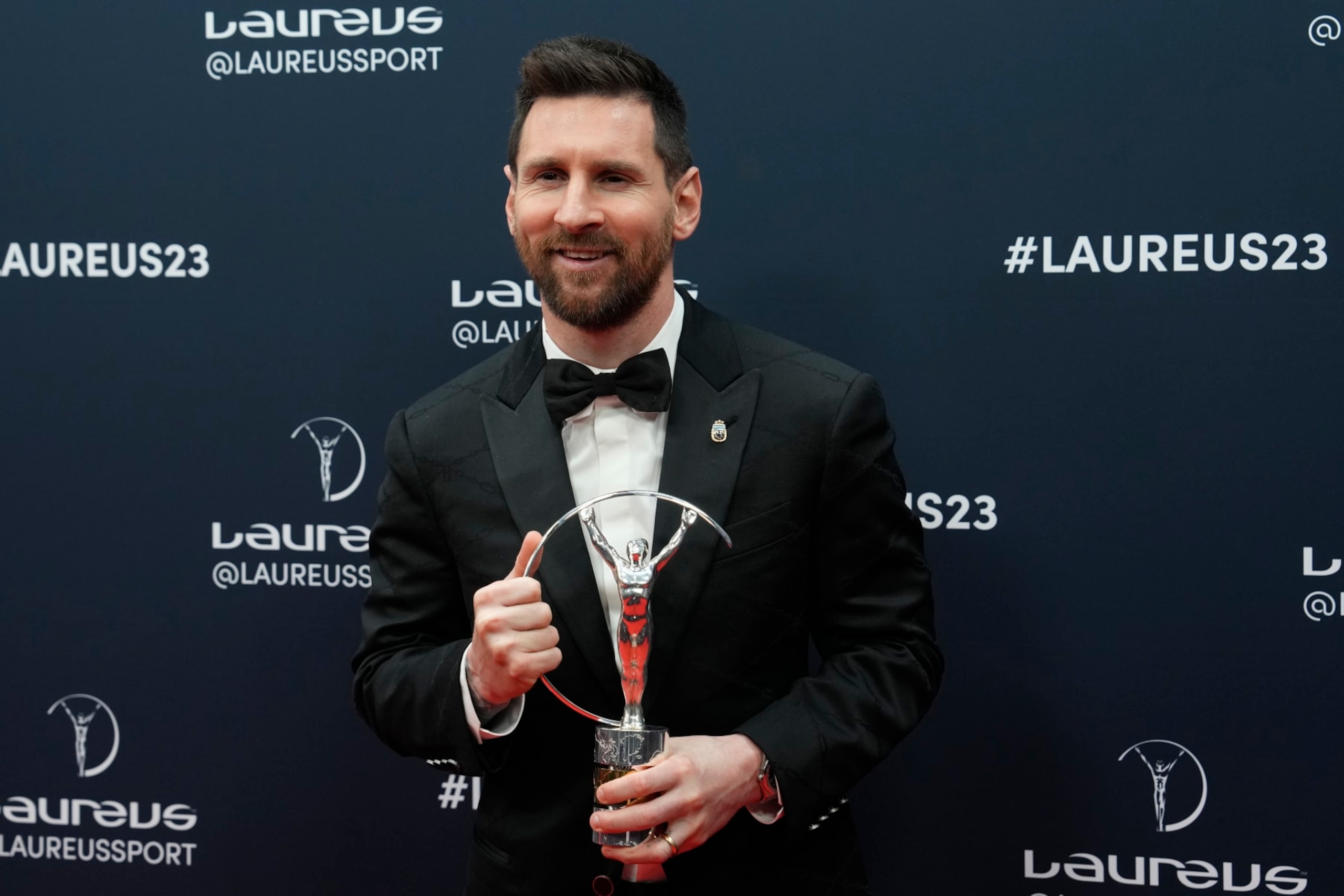 Argentine soccer player Lionel Messi poses after he was presented the award for sportsperson of the year at the Laureus Sports Awards ceremony in Paris, Monday, May 8, 2023. (AP Photo/Lewis Joly)