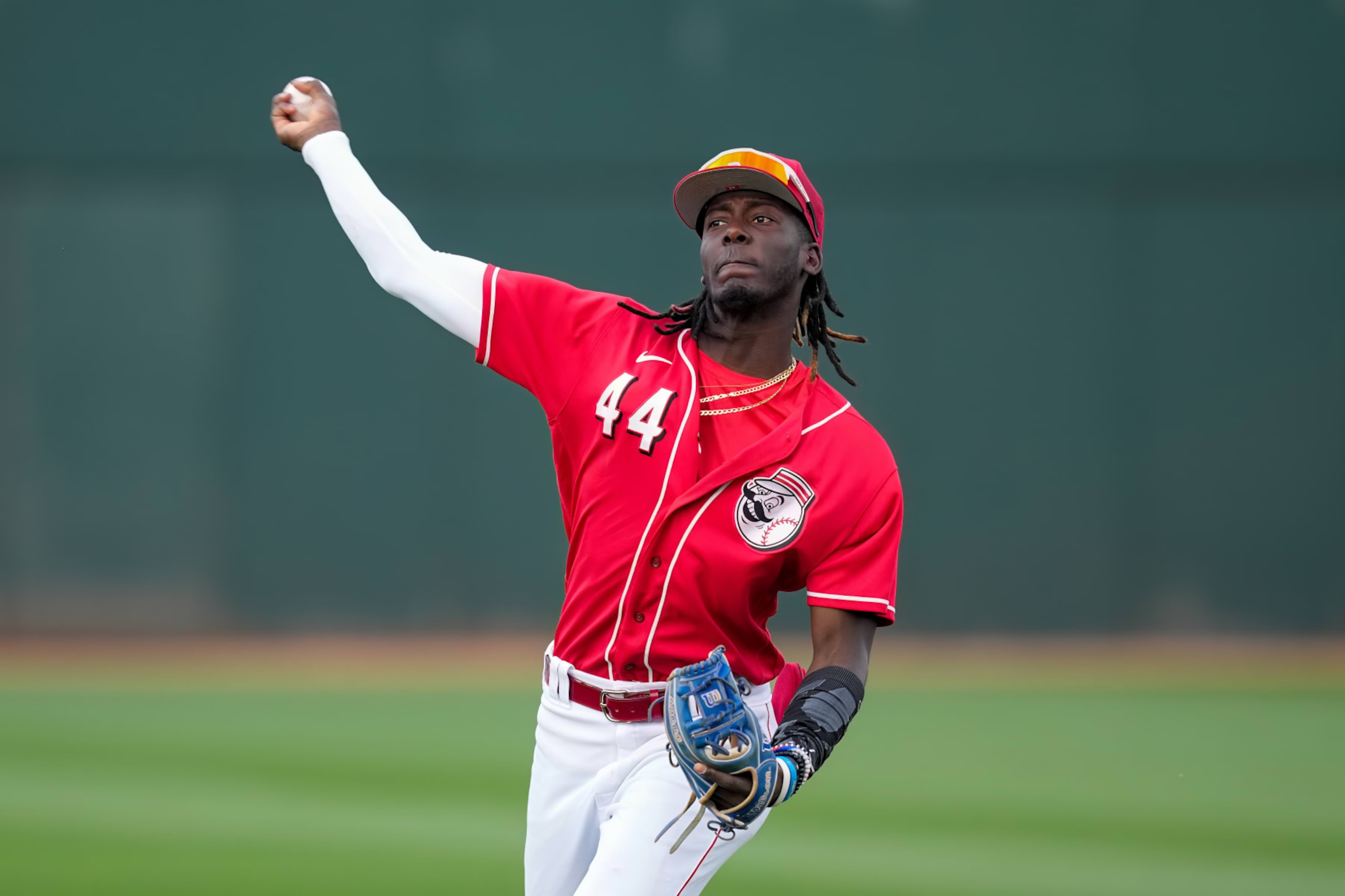 GOODYEAR, ARIZONA - MARCH 10: Elly De La Cruz #44 of the Cincinnati Reds warms up before a spring training game against the Arizona Diamondbacks at Goodyear Ballpark on March 10, 2023 in Goodyear, Arizona. (Photo by Dylan Buell/Getty Images)