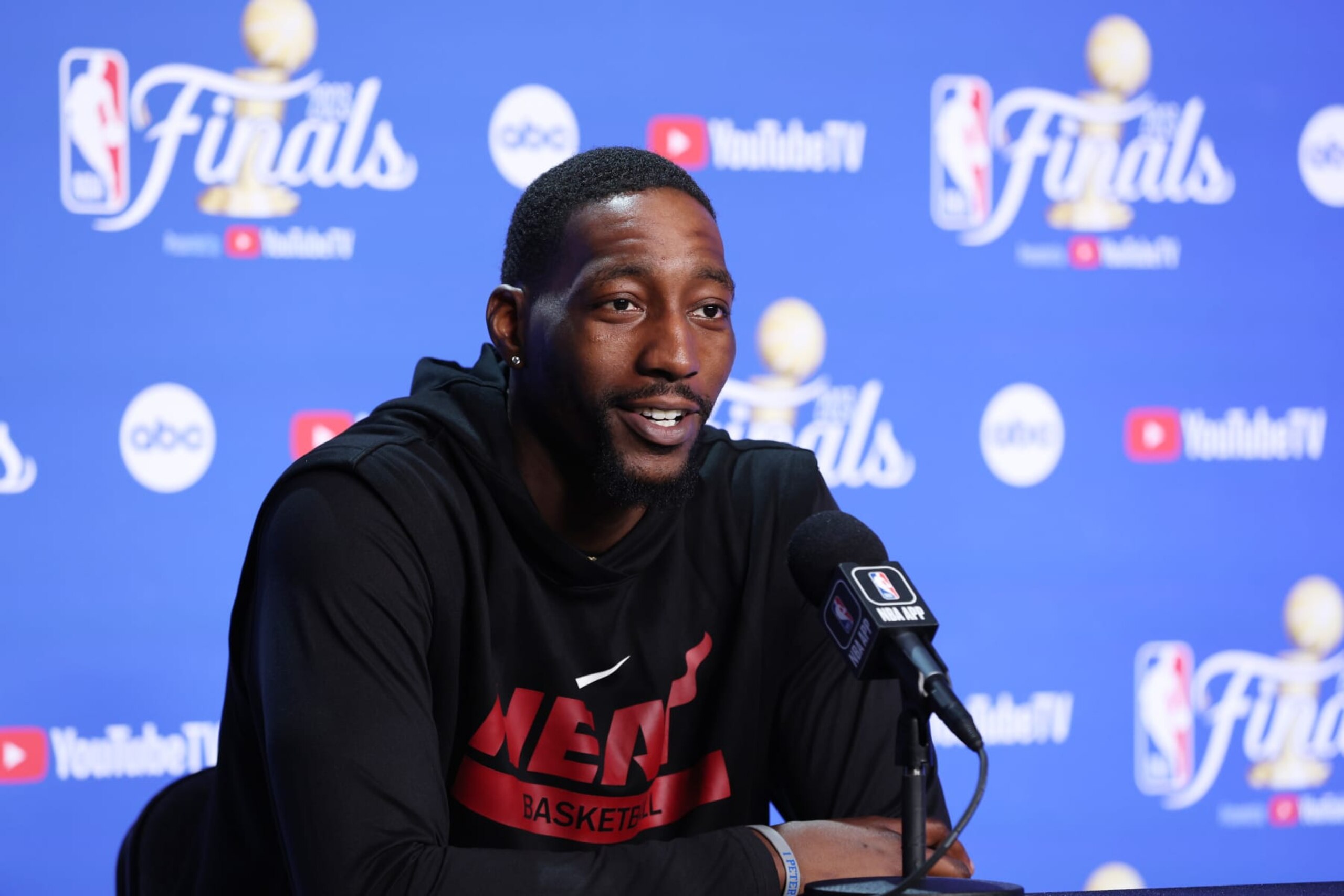 MIAMI, FL - JUNE 6: Bam Adebayo of the Miami Heat speaks to the media during 2023 NBA Finals Practice and Media Availability on June 6, 2023 at the Kaseya Center in Miami, Florida. NOTE TO USER: User expressly acknowledges and agrees that, by downloading and/or using this Photograph, user is consenting to the terms and conditions of the Getty Images License Agreement. Mandatory Copyright Notice: Copyright 2023 NBAE (Photo by Joe Murphy/NBAE via Getty Images)