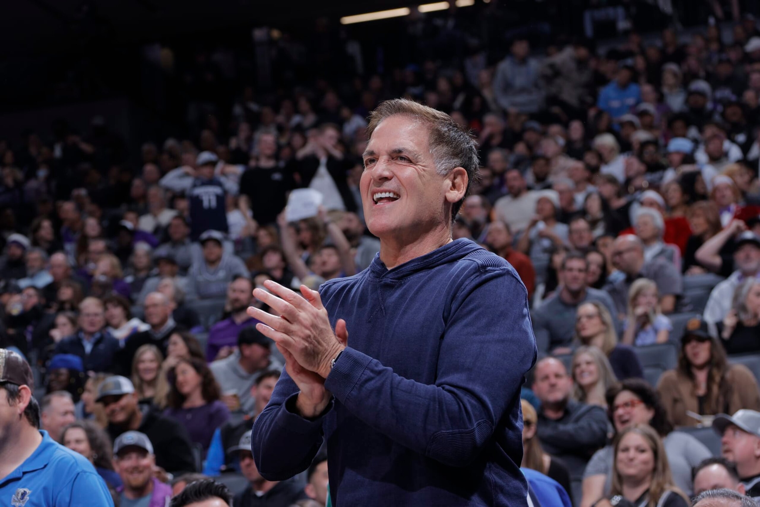 SACRAMENTO, CA - FEBRUARY 11: Dallas Mavericks owner Mark Cuban celebrates during the game against the Sacramento Kings on February 11, 2023 at Golden 1 Center in Sacramento, California. NOTE TO USER: User expressly acknowledges and agrees that, by downloading and or using this photograph, User is consenting to the terms and conditions of the Getty Images Agreement. Mandatory Copyright Notice: Copyright 2023 NBAE (Photo by Rocky Widner/NBAE via Getty Images)