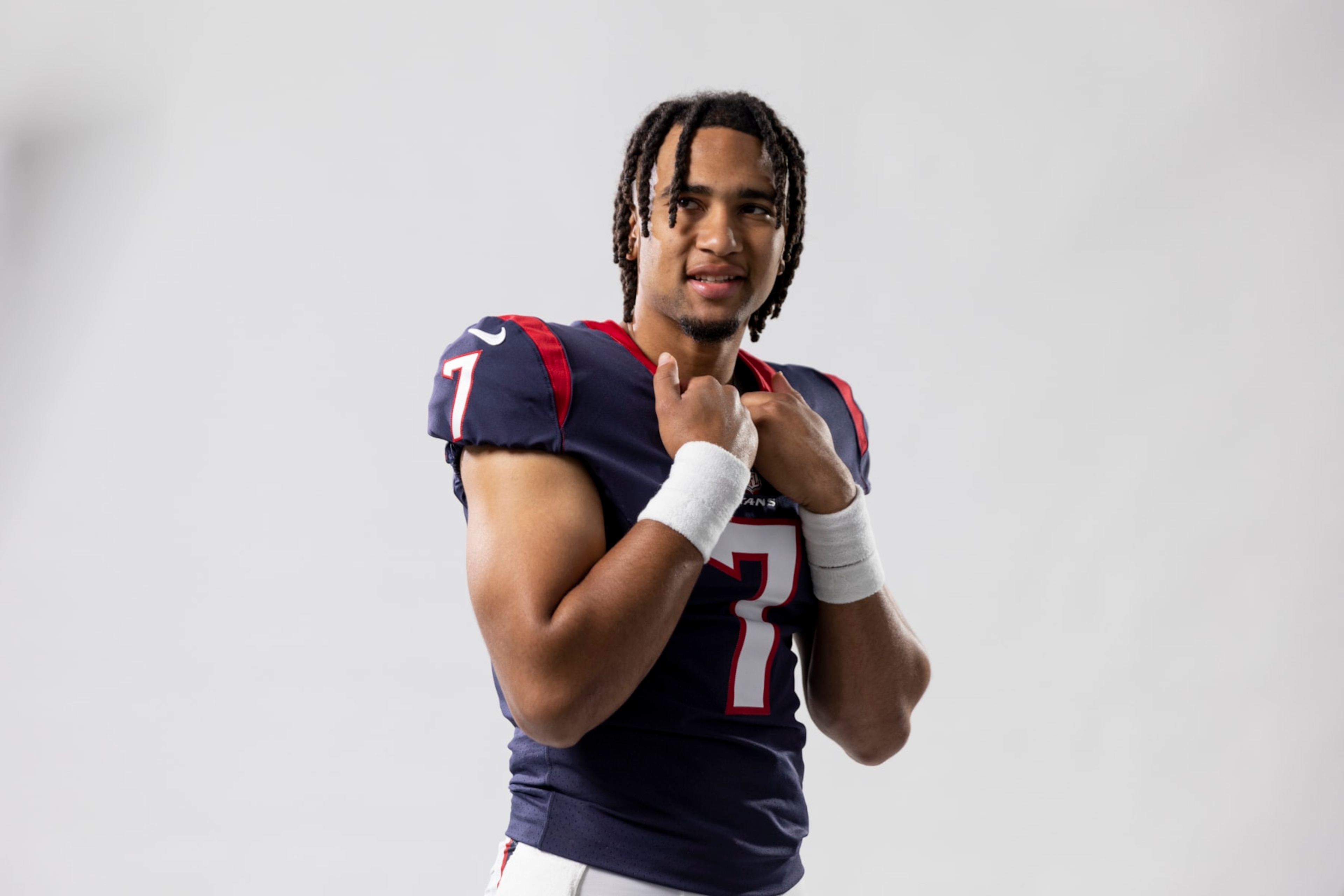 LOS ANGELES, CALIFORNIA - MAY 20: C.J. Stroud #7 of the Houston Texans poses for a portrait during the NFLPA Rookie Premiere on May 20, 2023 in Los Angeles, California. (Photo by Michael Owens/Getty Images) LOS ANGELES, CALIFORNIA - MAY 20: C.J. Stroud #7 of the Houston Texans poses for a portrait during the NFLPA Rookie Premiere on May 20, 2023 in Los Angeles, California. (Photo by Michael Owens/Getty Images)