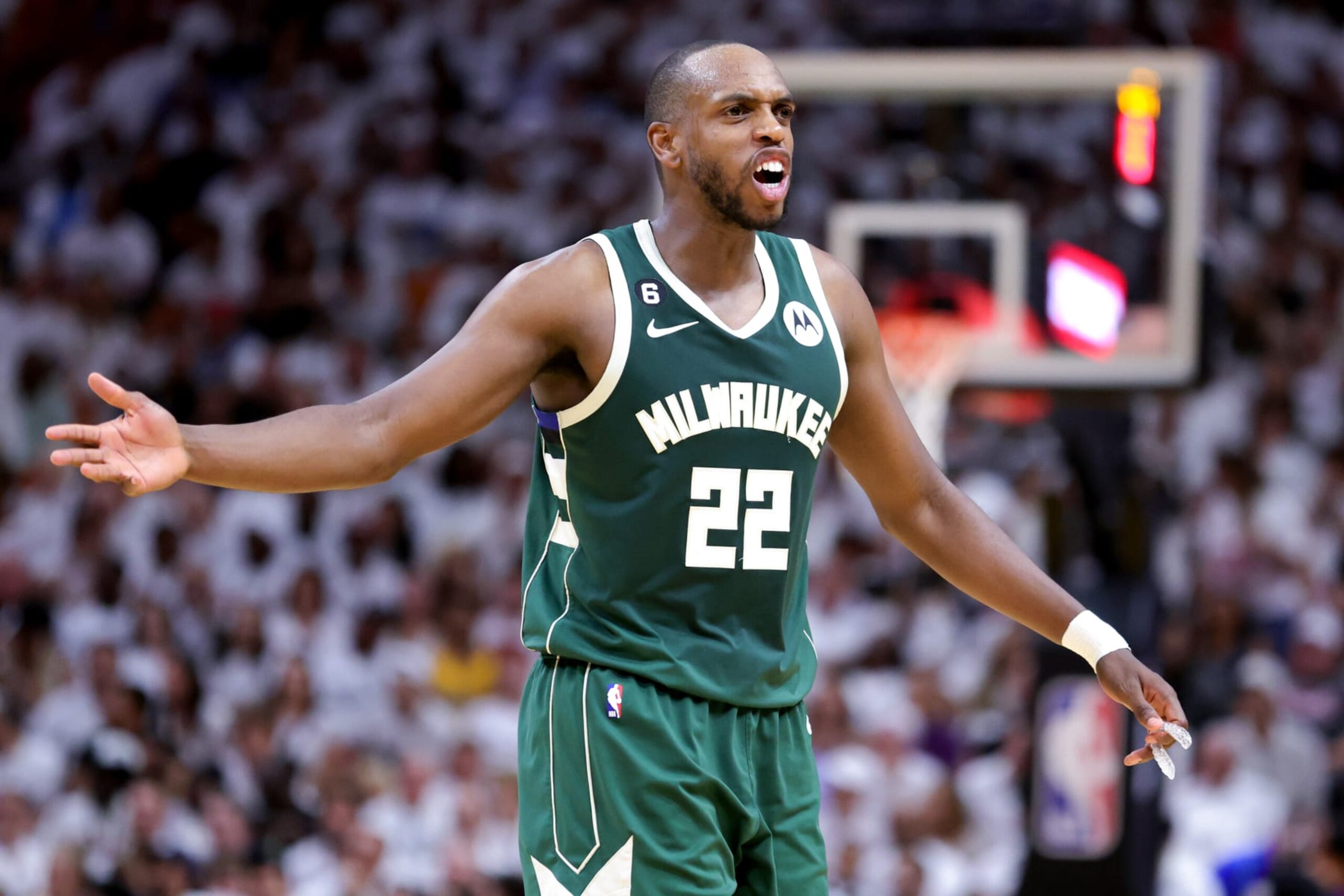 MIAMI, FLORIDA - APRIL 24: Khris Middleton #22 of the Milwaukee Bucks reacts against the Miami Heat during the fourth quarter in Game Four of the Eastern Conference First Round Playoffs at Kaseya Center on April 24, 2023 in Miami, Florida. NOTE TO USER: User expressly acknowledges and agrees that, by downloading and or using this photograph, User is consenting to the terms and conditions of the Getty Images License Agreement. (Photo by Megan Briggs/Getty Images)