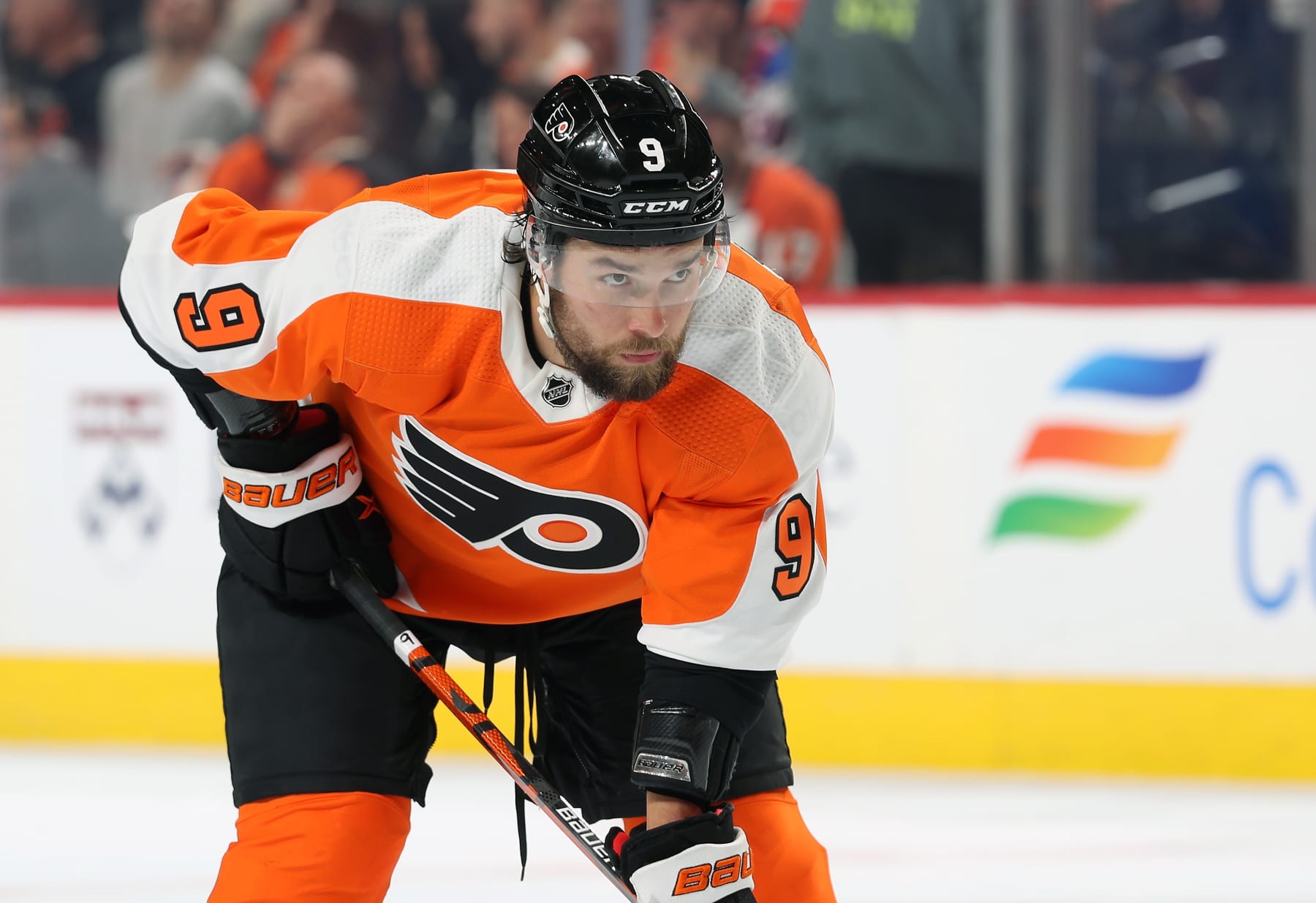 PHILADELPHIA, PENNSYLVANIA - MARCH 01:  Ivan Provorov #9 of the Philadelphia Flyers looks on against the New York Rangers at the Wells Fargo Center on March 1, 2023 in Philadelphia, Pennsylvania.  (Photo by Len Redkoles/NHLI via Getty Images)