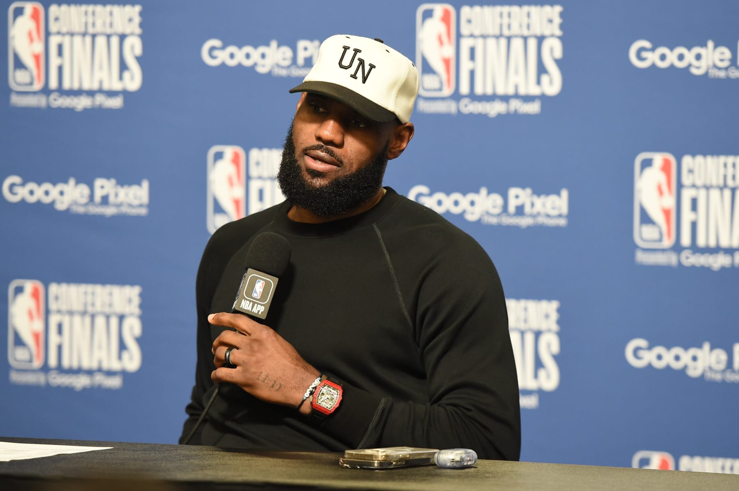 LOS ANGELES, CA - MAY 22: LeBron James #6 of the Los Angeles Lakers speaks to the media after Round 3 Game 4 of the Western Conference Finals 2023 NBA Playoffs against the Denver Nuggets on May 22, 2023 at Crypto.Com Arena in Los Angeles, California. NOTE TO USER: User expressly acknowledges and agrees that, by downloading and/or using this Photograph, user is consenting to the terms and conditions of the Getty Images License Agreement. Mandatory Copyright Notice: Copyright 2023 NBAE (Photo by Andrew D. Bernstein/NBAE via Getty Images)