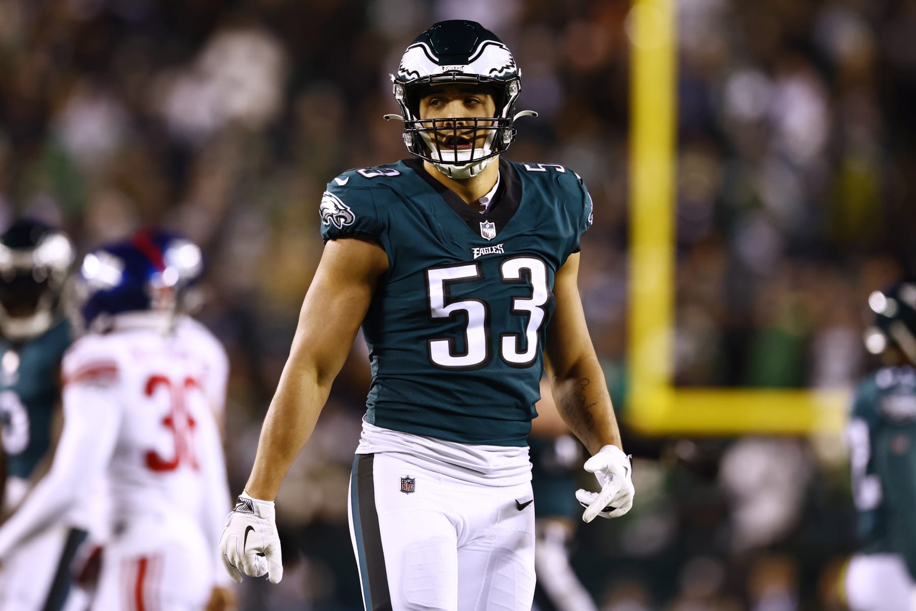 Philadelphia Eagles linebacker Christian Elliss (53) in action against the New York Giants during an NFL divisional round playoff football game, Saturday, Jan. 21, 2023, in Philadelphia. (AP Photo/Rich Schultz)