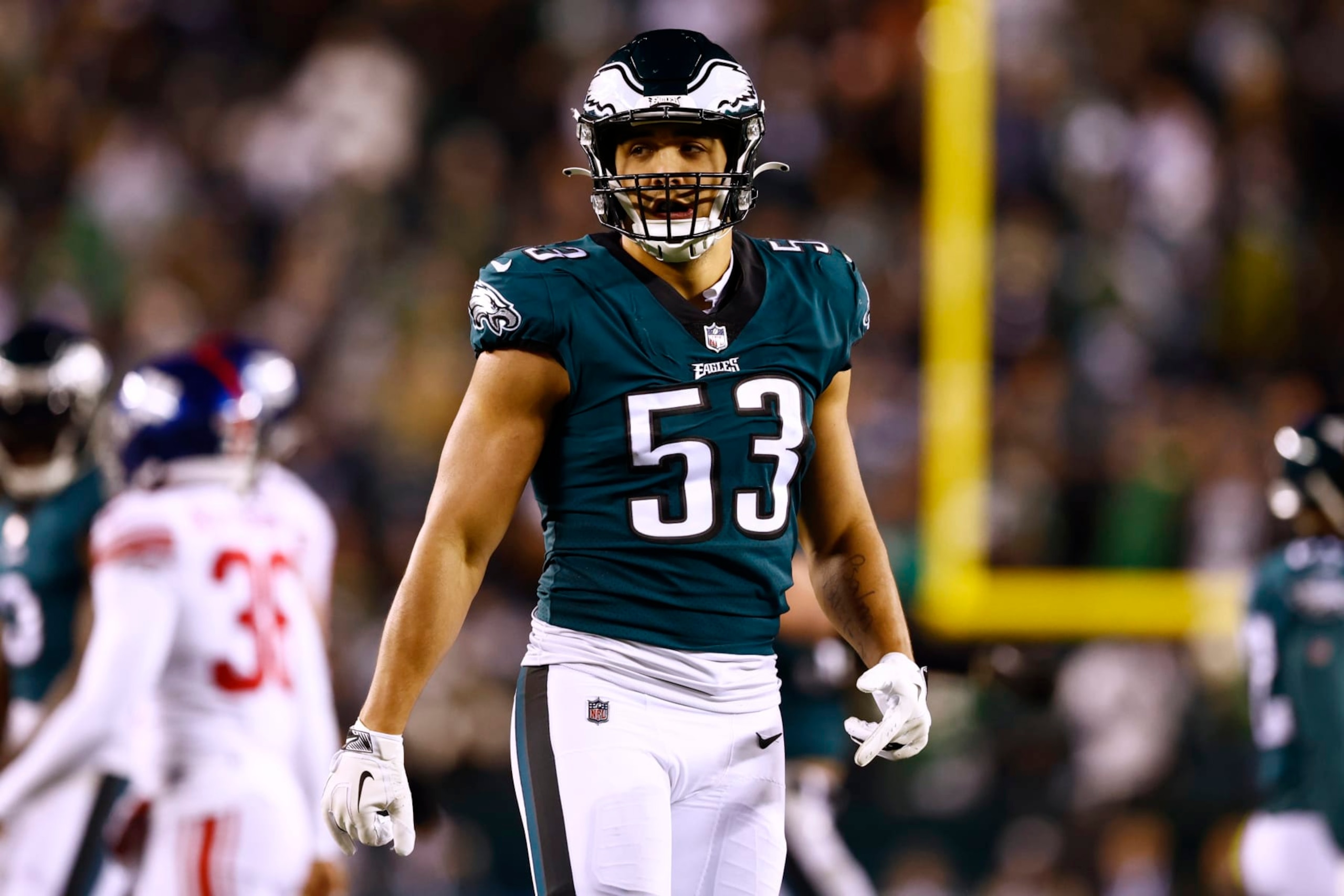 Philadelphia Eagles linebacker Christian Elliss (53) in action against the New York Giants during an NFL divisional round playoff football game, Saturday, Jan. 21, 2023, in Philadelphia. (AP Photo/Rich Schultz)