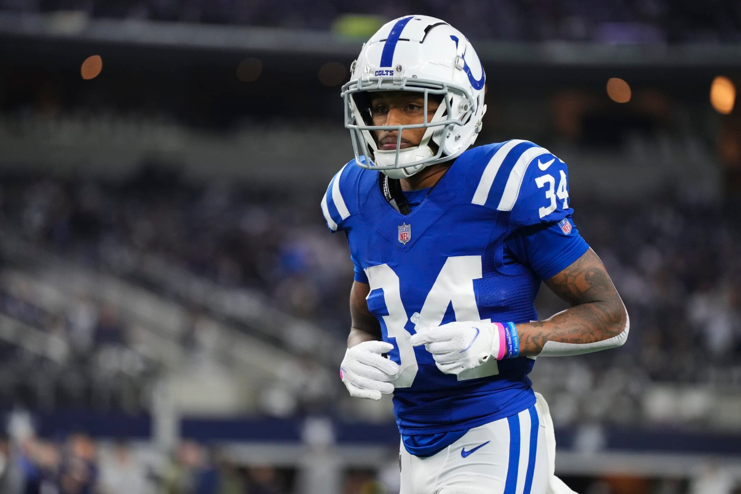 ARLINGTON, TX - DECEMBER 04: Isaiah Rodgers #34 of the Indianapolis Colts warms up against the Dallas Cowboys at AT&T Stadium on December 4, 2022 in Arlington, Texas. (Photo by Cooper Neill/Getty Images) ARLINGTON, TX - DECEMBER 04: Isaiah Rodgers #34 of the Indianapolis Colts warms up against the Dallas Cowboys at AT&T Stadium on December 4, 2022 in Arlington, Texas. (Photo by Cooper Neill/Getty Images)