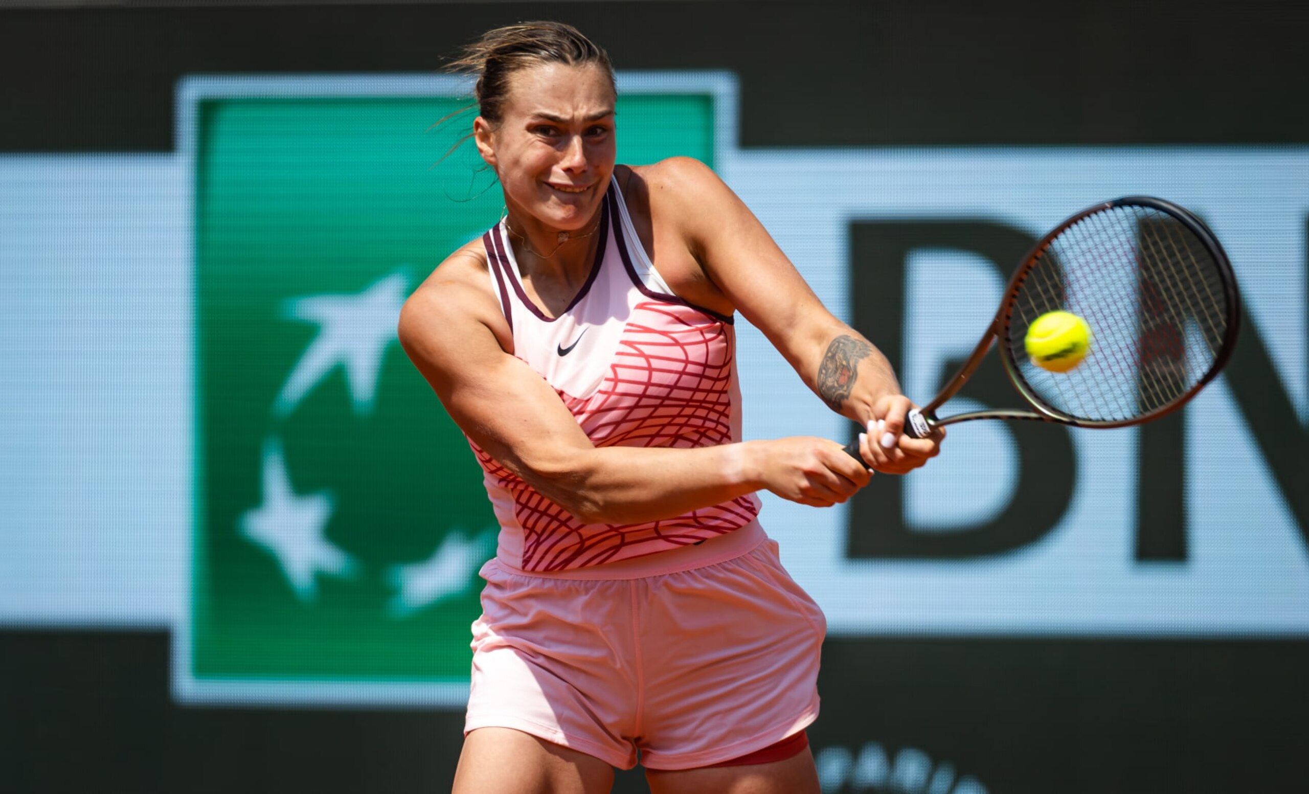 PARIS, FRANCE - JUNE 06: Aryna Sabalenka in action against Elina Svitolina of Ukraine in the quarter-final on Day Ten of Roland Garros on June 06, 2023 in Paris, France (Photo by Robert Prange/Getty Images)