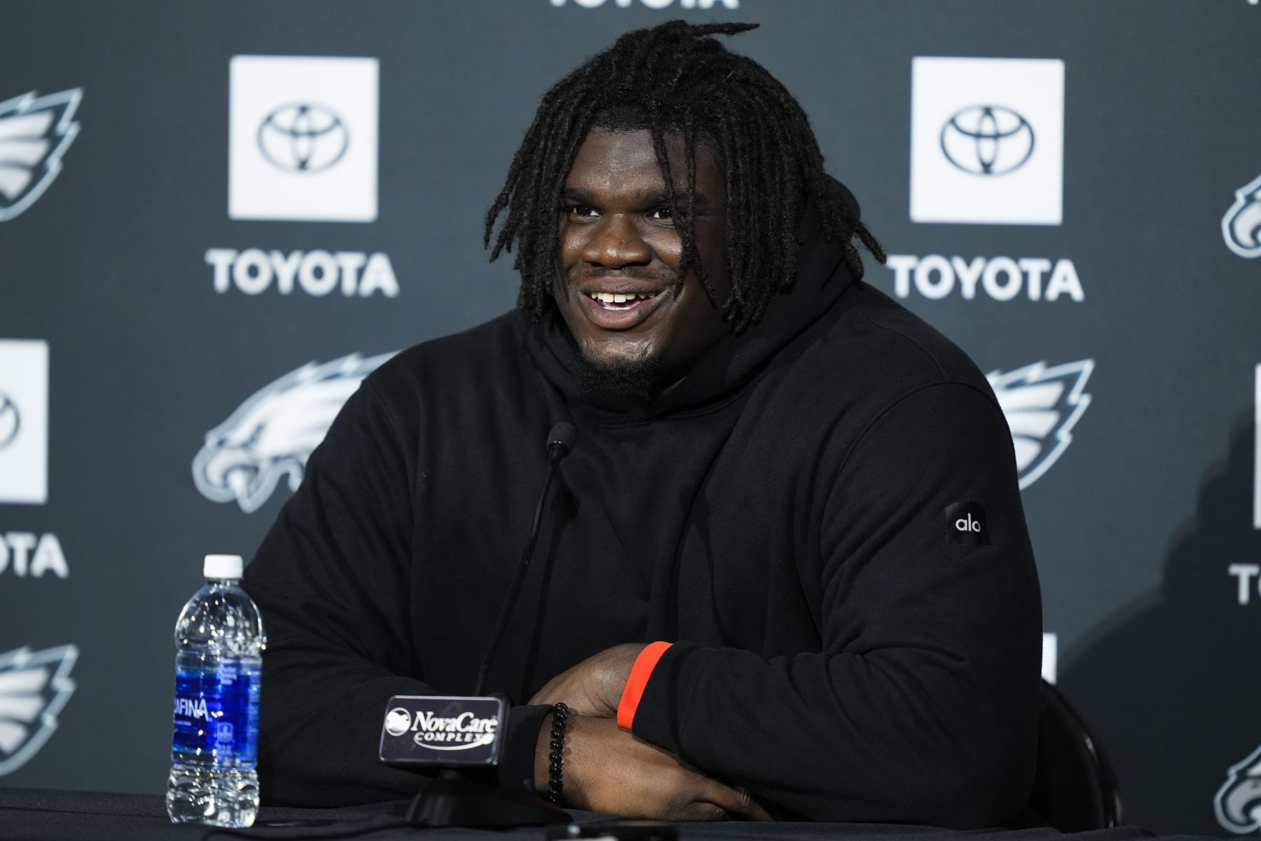 Philadelphia Eagles' Jordan Davis speaks with members of the media during a news conference at the NFL football team's training facilities in Philadelphia, Thursday, June 1, 2023. (AP Photo/Matt Rourke)