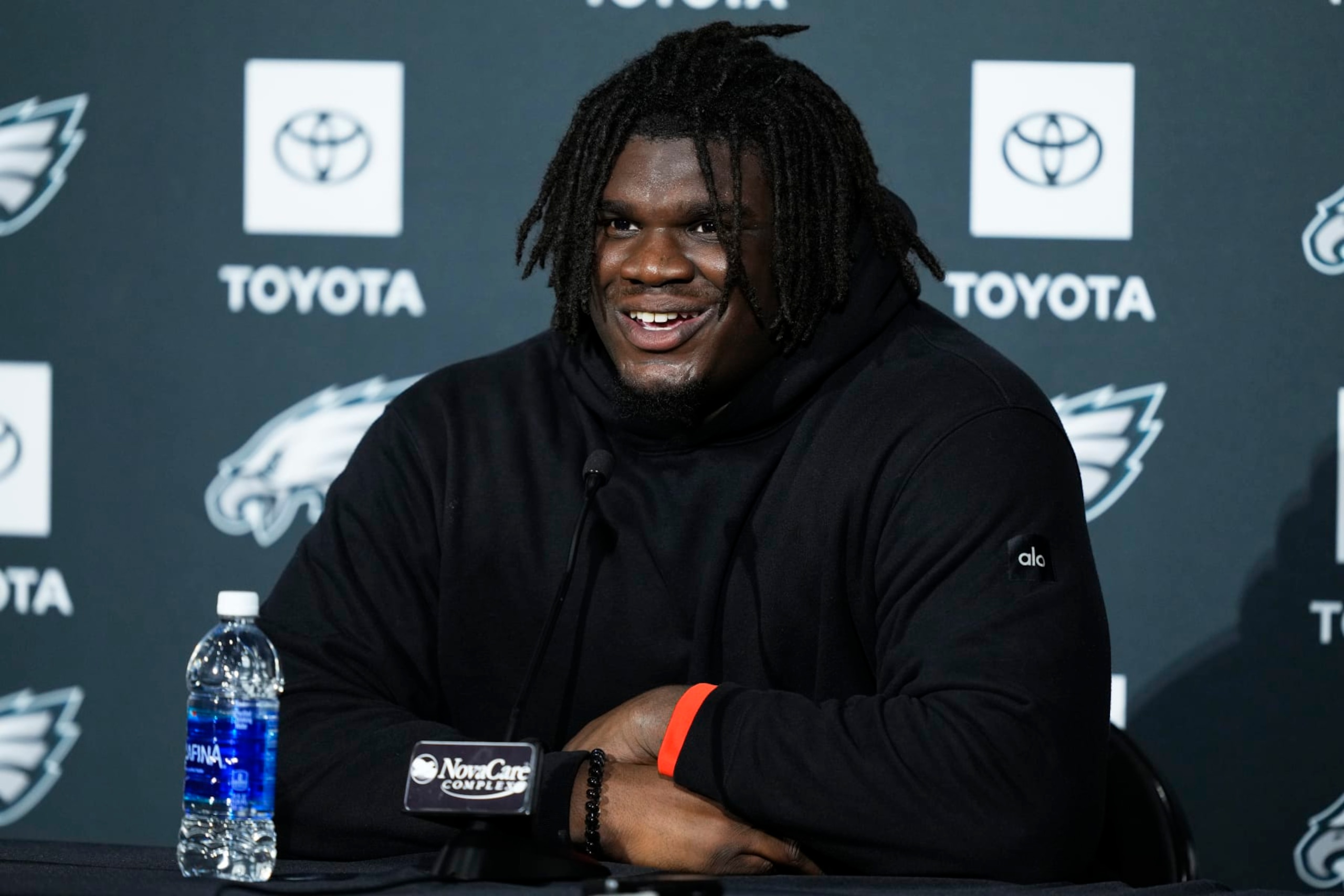 Philadelphia Eagles' Jordan Davis speaks with members of the media during a news conference at the NFL football team's training facilities in Philadelphia, Thursday, June 1, 2023. (AP Photo/Matt Rourke)
