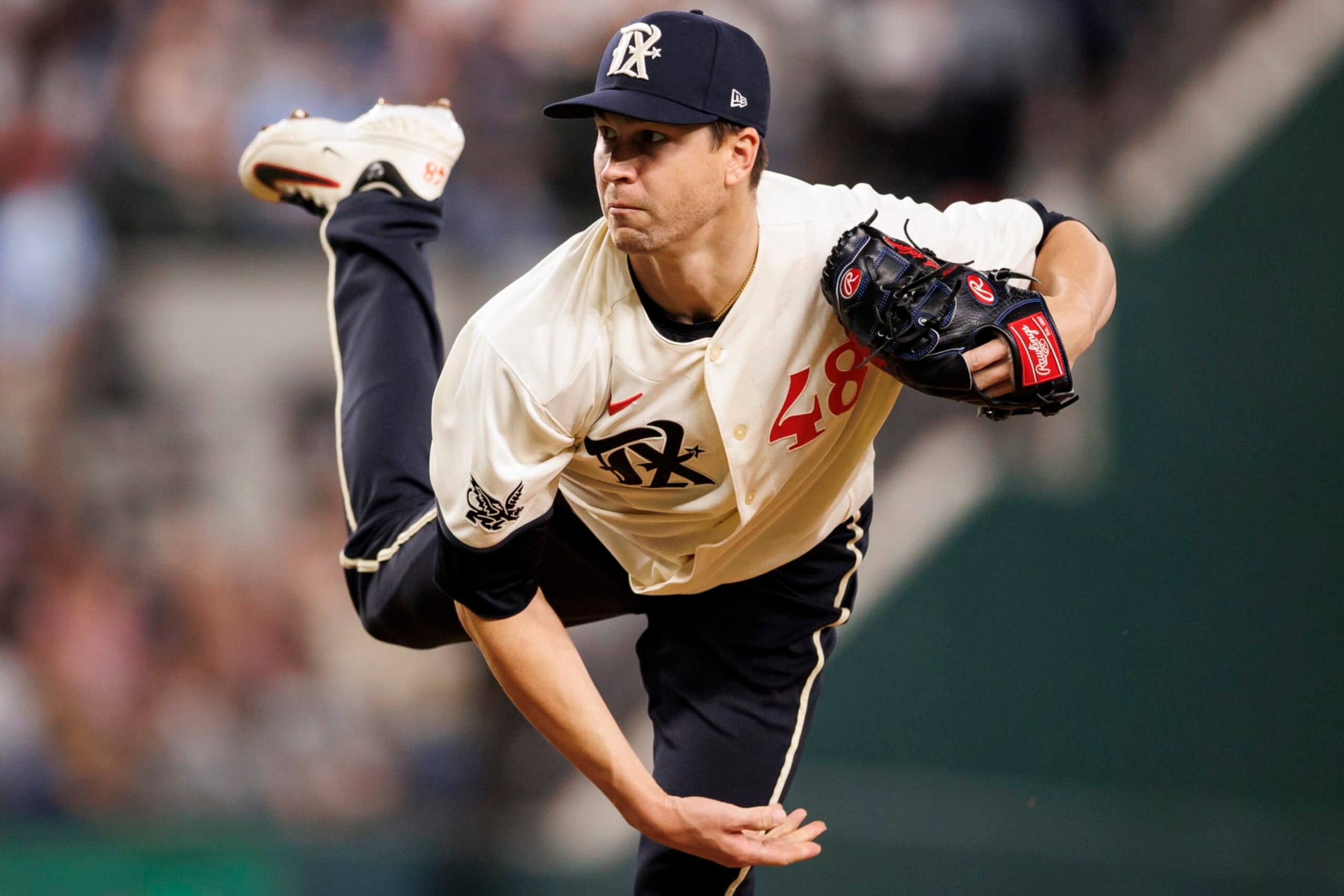 ARLINGTON, TX - APRIL 28: Jacob deGrom #48 of the Texas Rangers delivers a pitch during a game against the New York Yankees at Globe Life Field on April 28, 2023 in Arlington, Texas. (Photo by Bailey Orr/Texas Rangers/Getty Images)