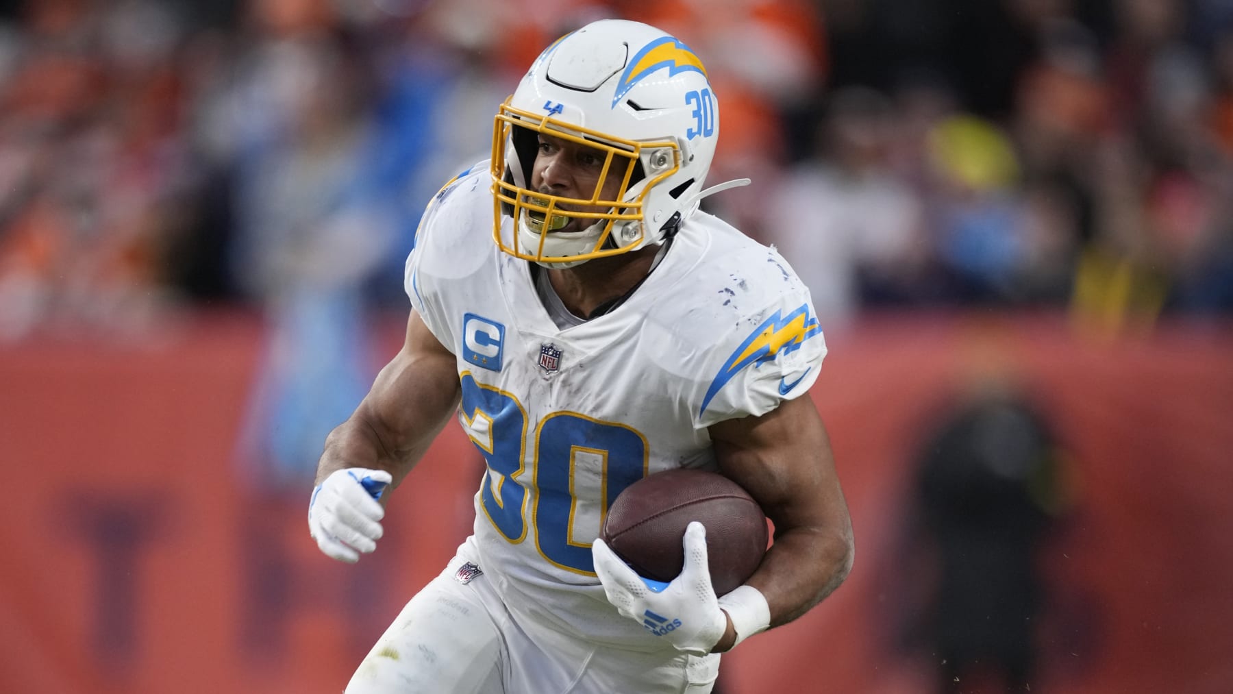 Los Angeles Chargers running back Austin Ekeler (30) in an NFL football game Sunday, Jan. 8, 2023, in Denver. (AP Photo/David Zalubowski)