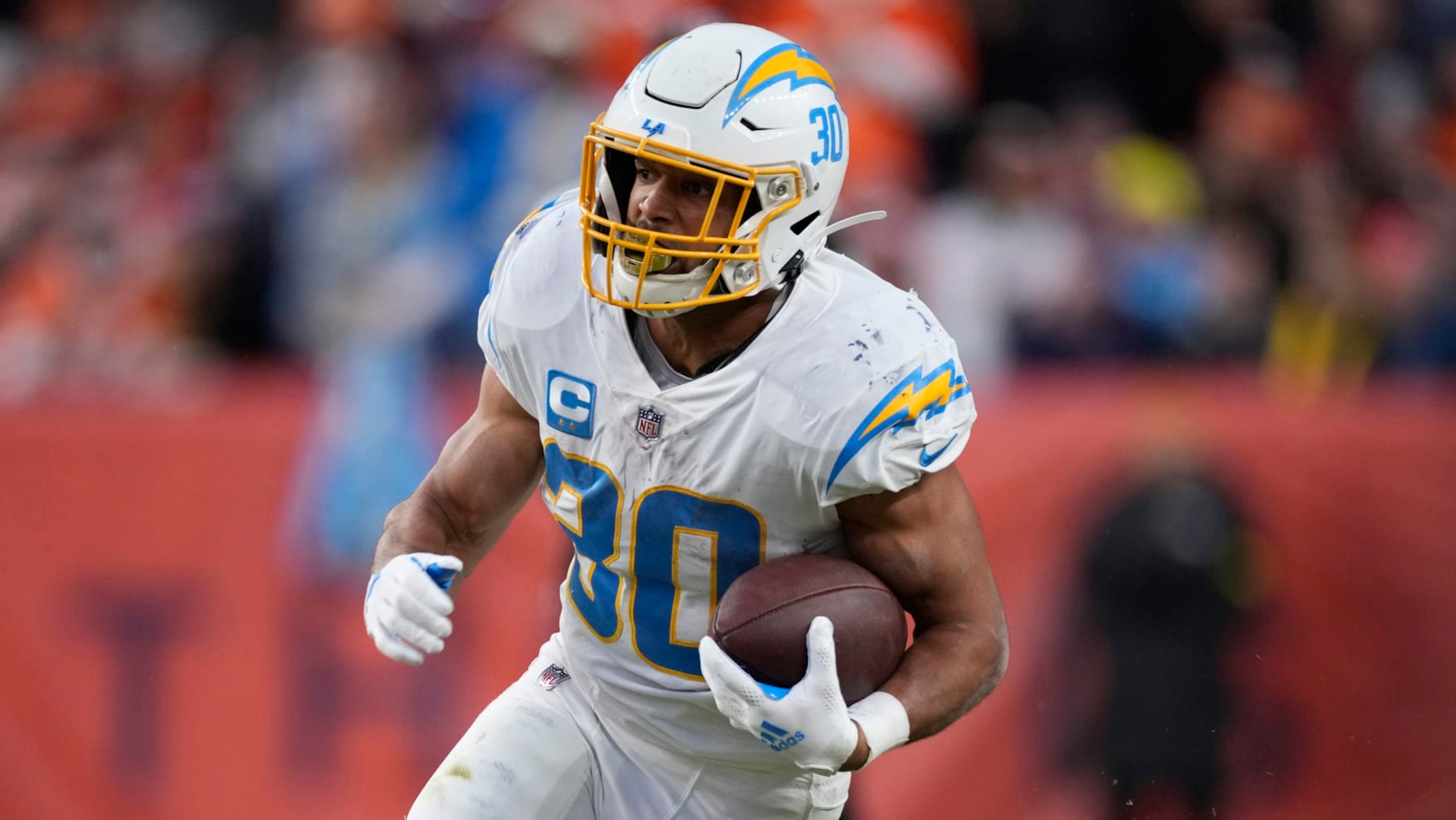 Los Angeles Chargers running back Austin Ekeler (30) in an NFL football game Sunday, Jan. 8, 2023, in Denver. (AP Photo/David Zalubowski)