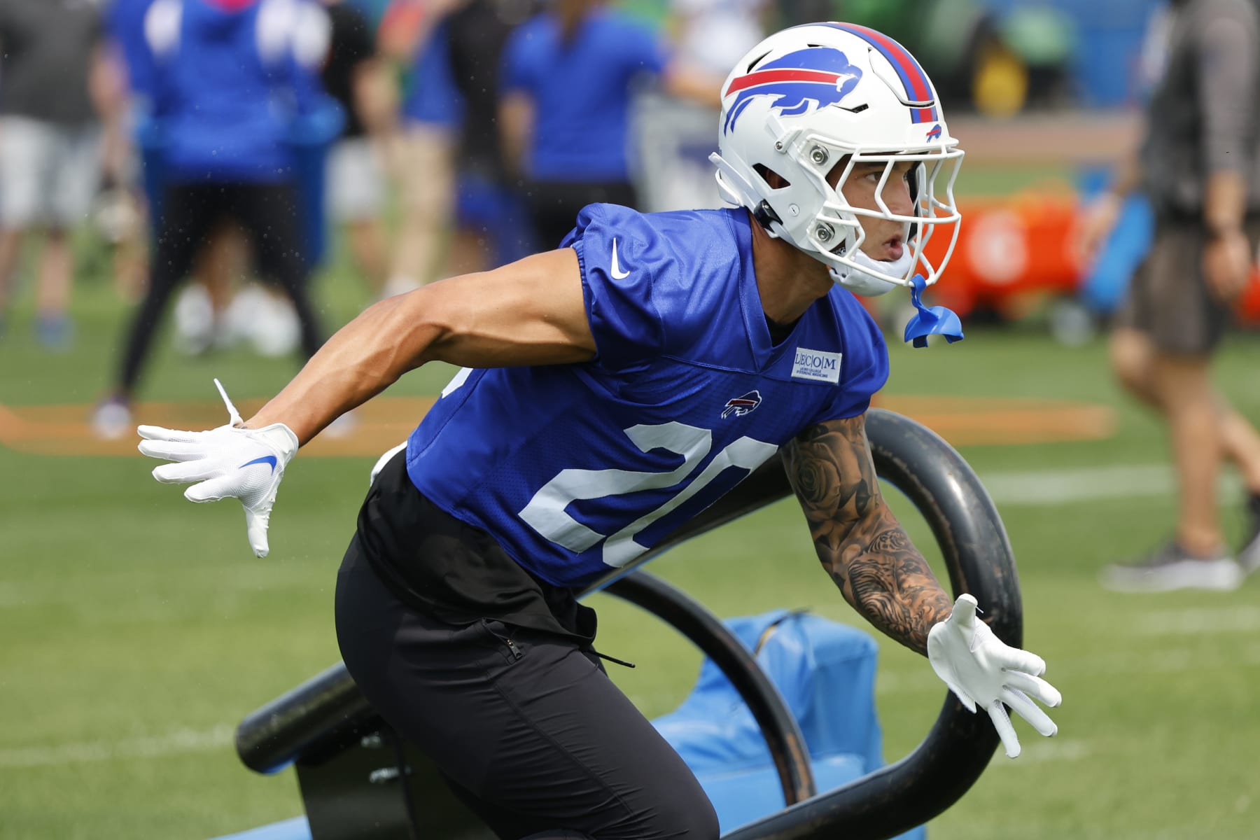 Buffalo Bills defensive back Taylor Rapp (20) runs a drill during NFL football practice in Orchard Park, N.Y., Tuesday, May 23, 2023. (AP Photo/Jeffrey T. Barnes)