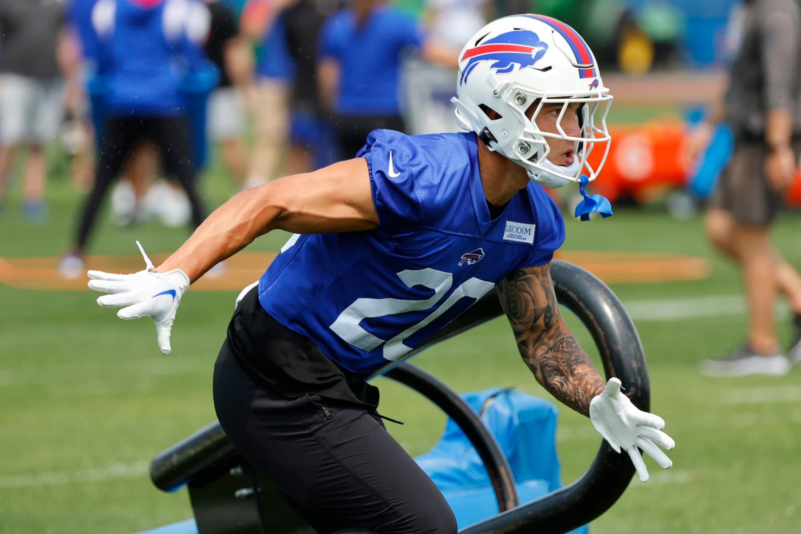 Buffalo Bills defensive back Taylor Rapp (20) runs a drill during NFL football practice in Orchard Park, N.Y., Tuesday, May 23, 2023. (AP Photo/Jeffrey T. Barnes)