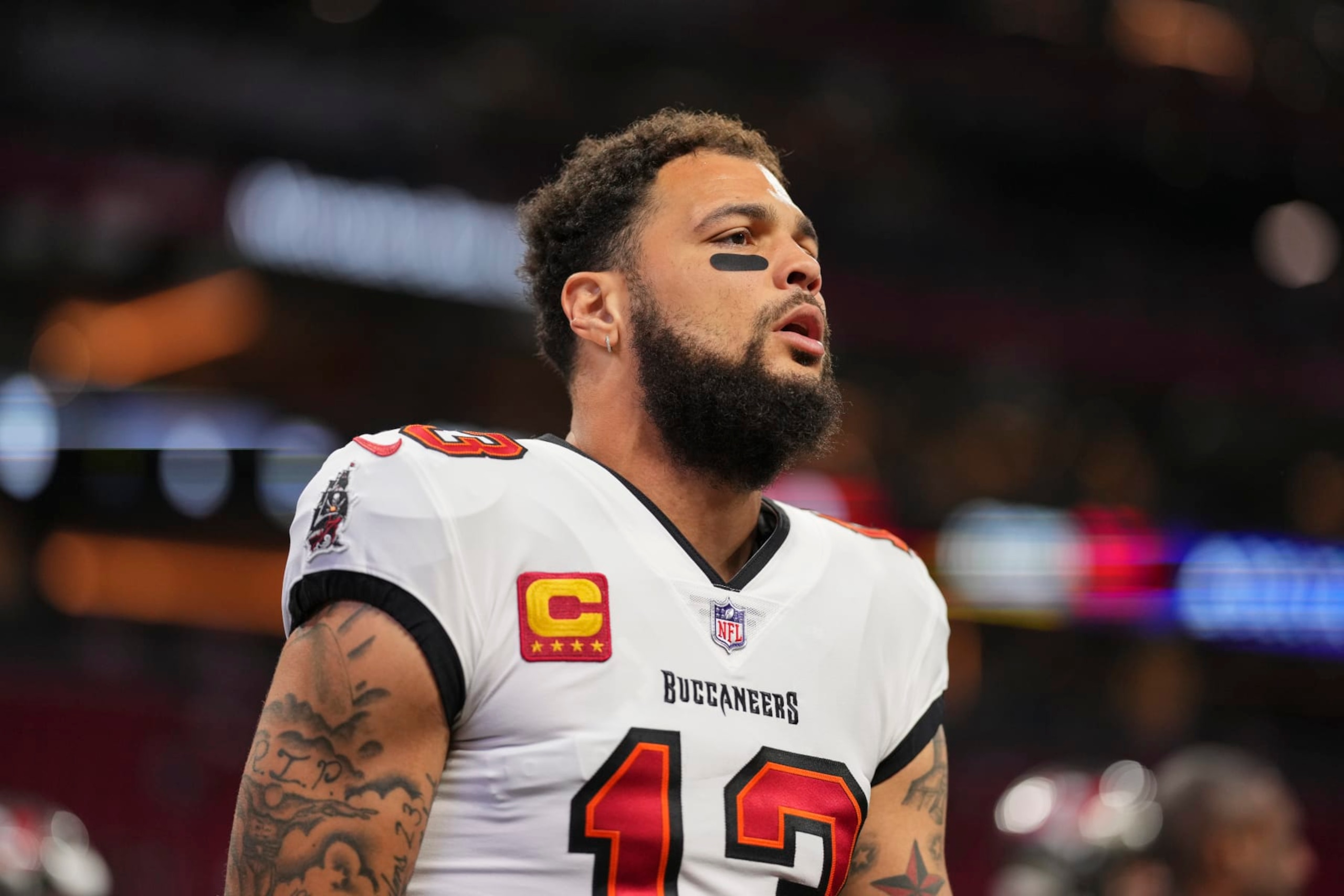 ATLANTA, GA - JANUARY 08: Mike Evans #13 of the Tampa Bay Buccaneers warms up against the Atlanta Falcons at Mercedes-Benz Stadium on January 8, 2023 in Atlanta, Georgia. (Photo by Cooper Neill/Getty Images)