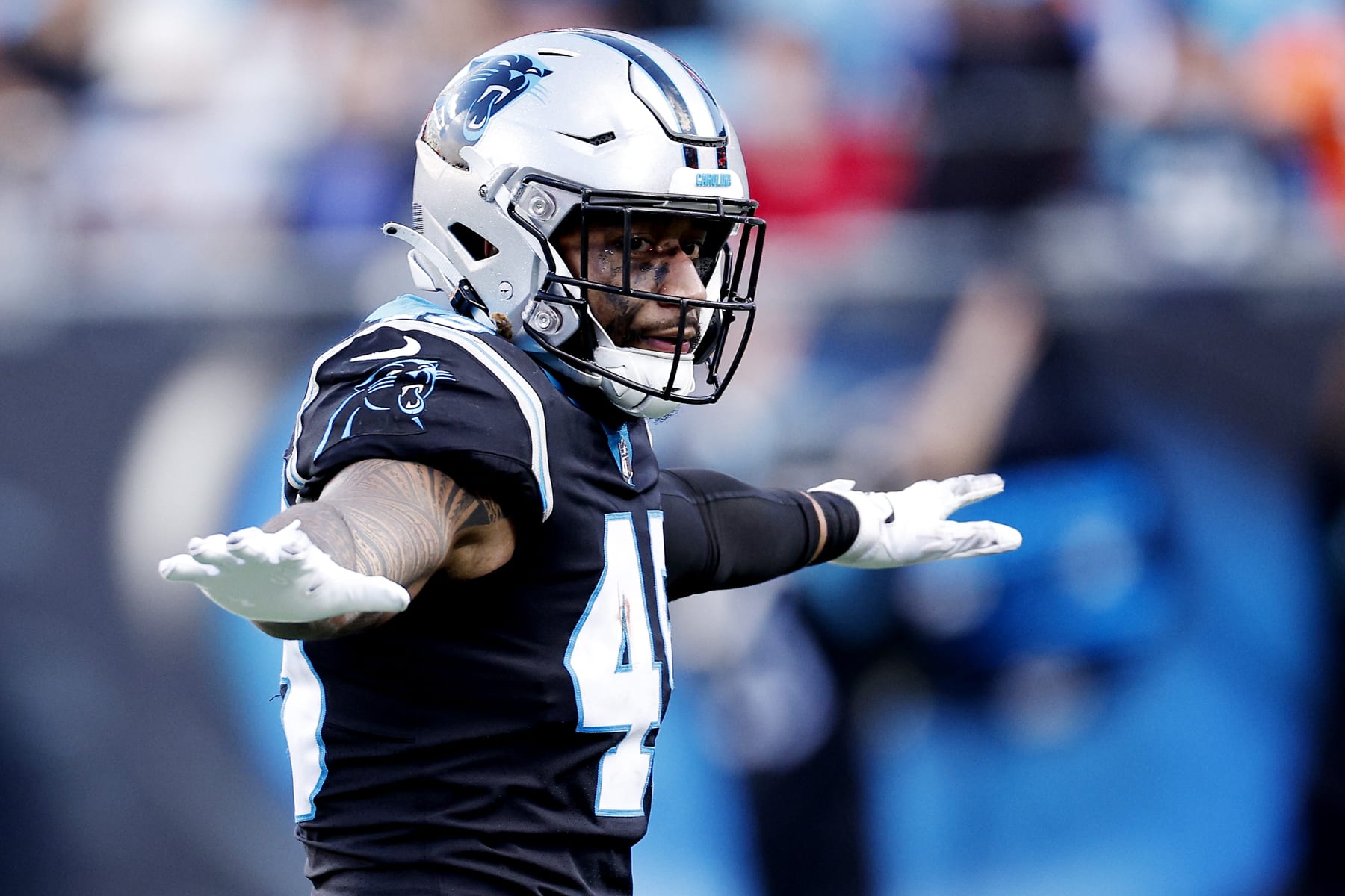 CHARLOTTE, NORTH CAROLINA - NOVEMBER 27: Frankie Luvu #49 of the Carolina Panthers reacts during the second half against the Denver Broncos at Bank of America Stadium on November 27, 2022 in Charlotte, North Carolina. (Photo by Jared C. Tilton/Getty Images)