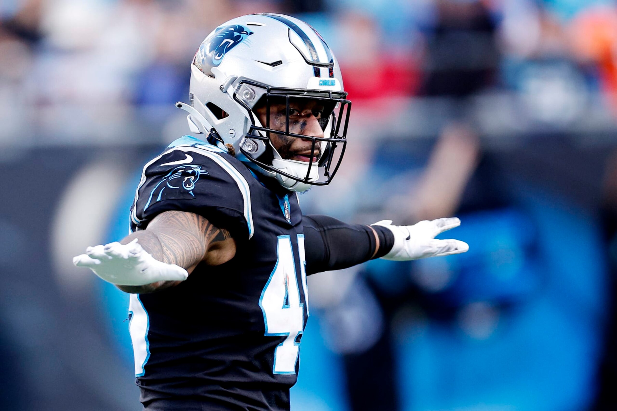 CHARLOTTE, NORTH CAROLINA - NOVEMBER 27: Frankie Luvu #49 of the Carolina Panthers reacts during the second half against the Denver Broncos at Bank of America Stadium on November 27, 2022 in Charlotte, North Carolina. (Photo by Jared C. Tilton/Getty Images)