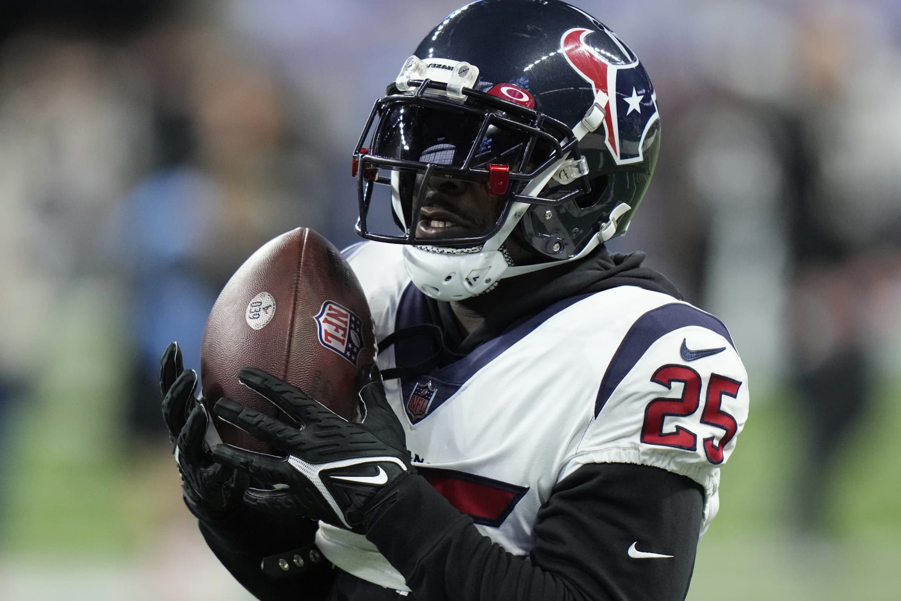 Houston Texans cornerback Desmond King II (25) warms up before an NFL football game between the Houston Texans and Indianapolis Colts, Sunday, Jan. 8, 2023, in Indianapolis. (AP Photo/AJ Mast)
