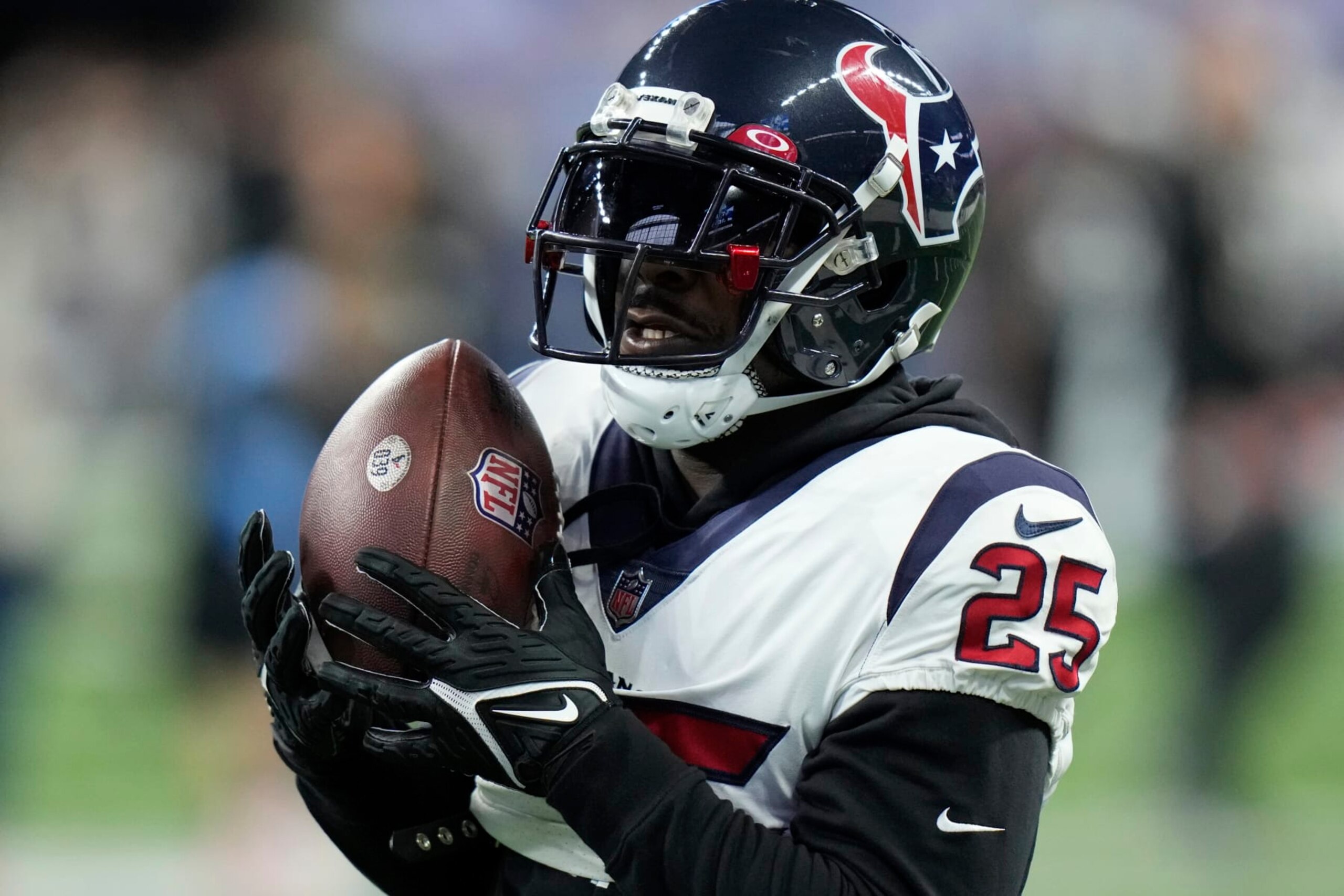 Houston Texans cornerback Desmond King II (25) warms up before an NFL football game between the Houston Texans and Indianapolis Colts, Sunday, Jan. 8, 2023, in Indianapolis. (AP Photo/AJ Mast)
